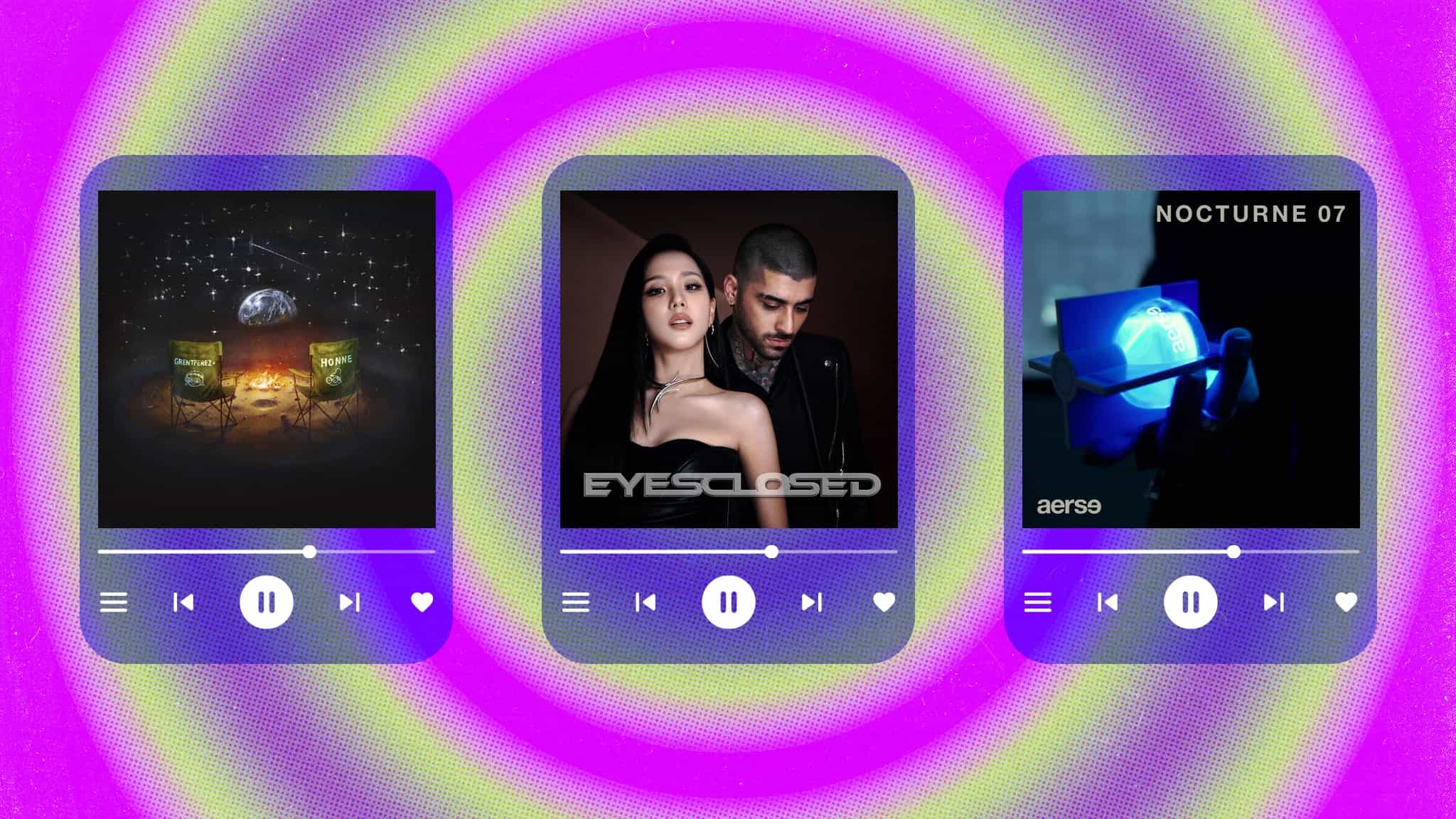 Three digital music players display albums with playback controls: a campfire scene, a man and woman labeled EYES CLOSED, and a glowing book titled NOCTURNE 07, against a neon purple and green spiral background.