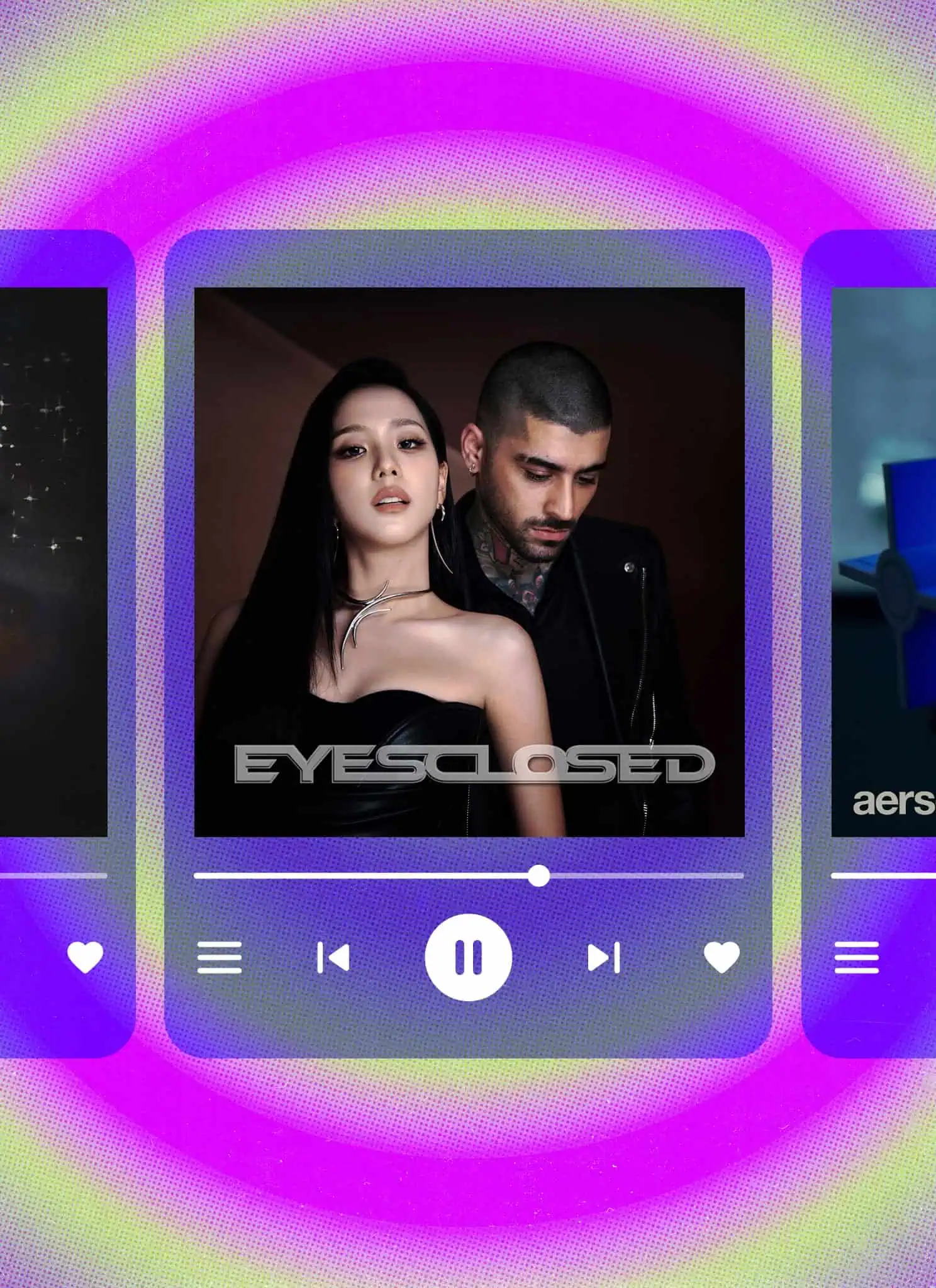 Three digital music players display albums with playback controls: a campfire scene, a man and woman labeled EYES CLOSED, and a glowing book titled NOCTURNE 07, against a neon purple and green spiral background.