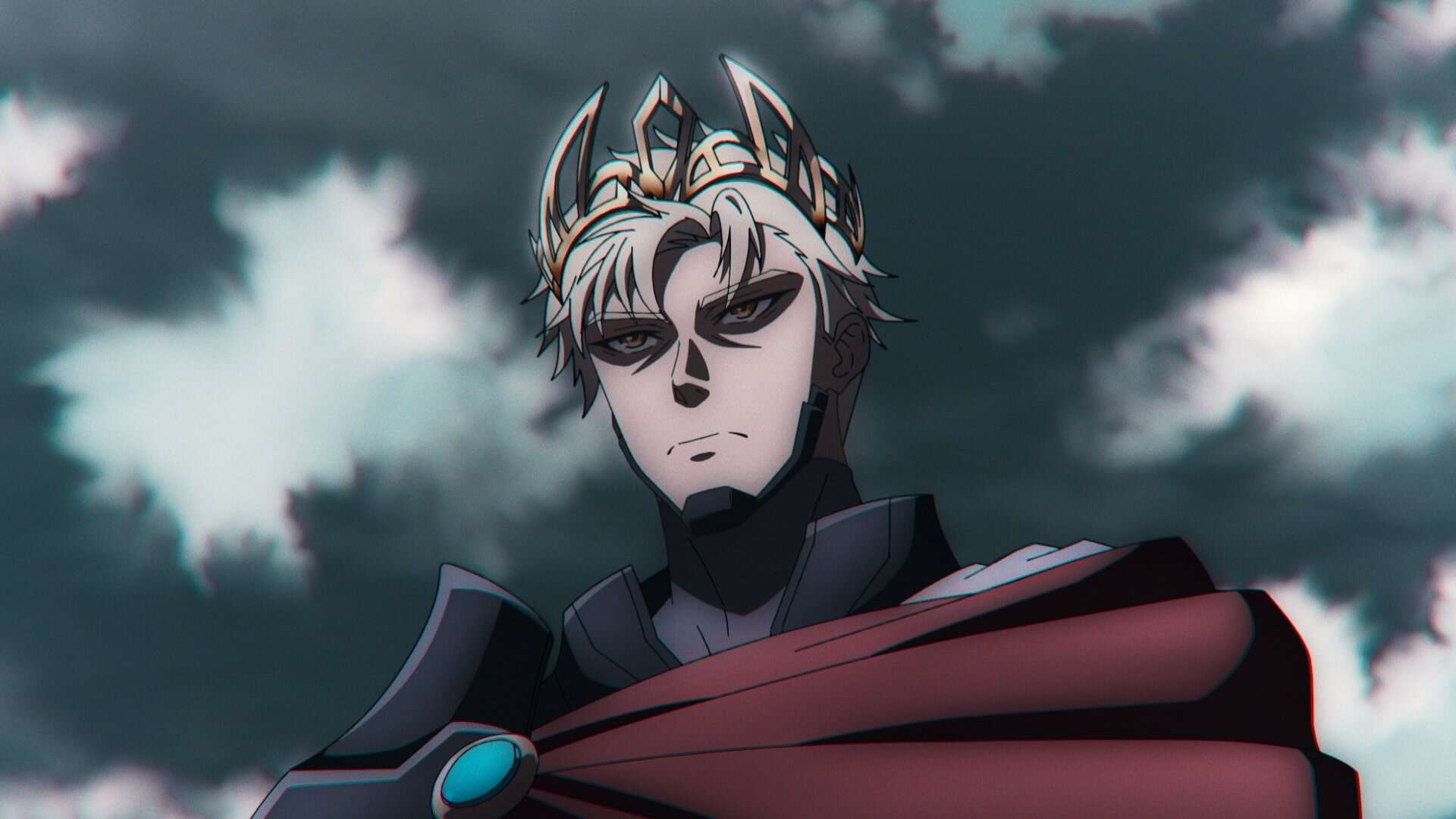 A serious-looking anime-style character with short, messy white hair wears a spiked golden crown and a dark armor with a red cape, standing against a cloudy, dramatic sky.