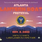 A sunset mountain scene promotes the Atlanta Lantern Boat Festival hosted by the Laotian American Society, set for Nov. 8, 2025, 1–9 PM at Lake Lanier Olympic Park. The societys logo is centered.