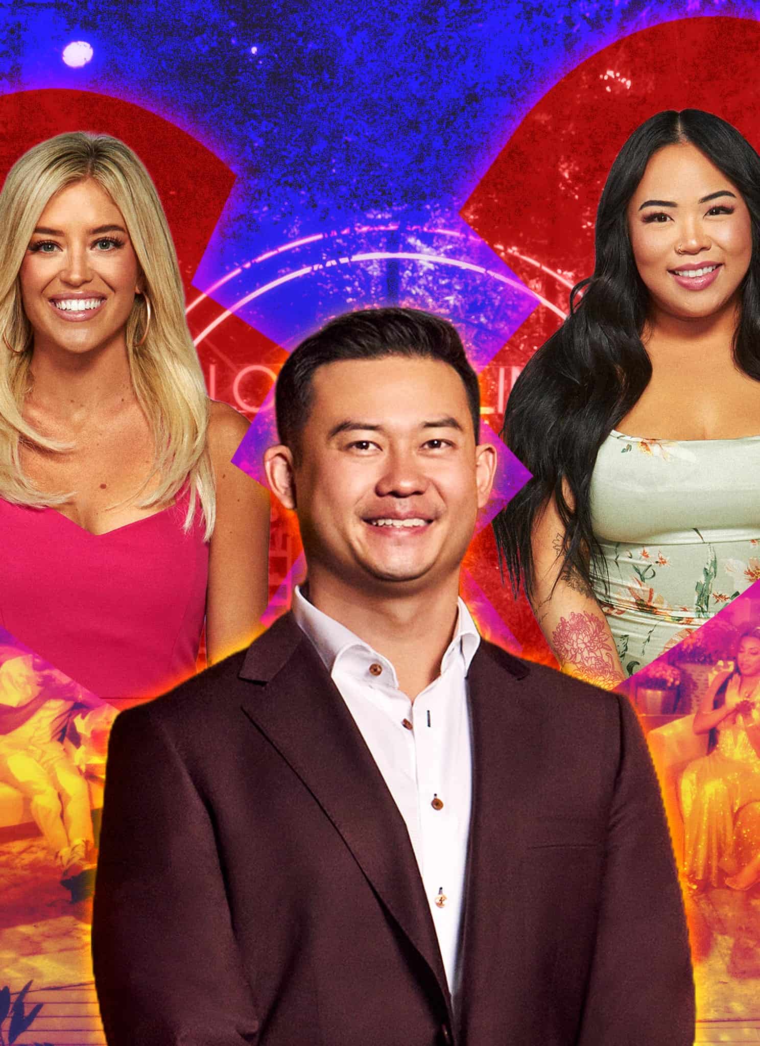 Three people, two women and a man, stand in front of a colorful background featuring a broken heart shape and an audience. The women are smiling, and the man is wearing a suit and also smiling.