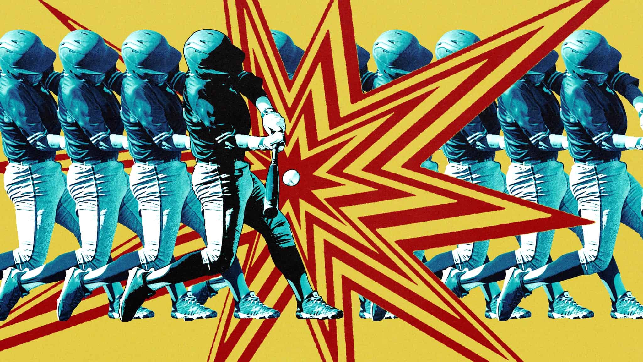 A stylized image showing multiple overlapping figures of a baseball player swinging a bat, with a bright, comic-style burst at the point of contact with the ball on a yellow background.