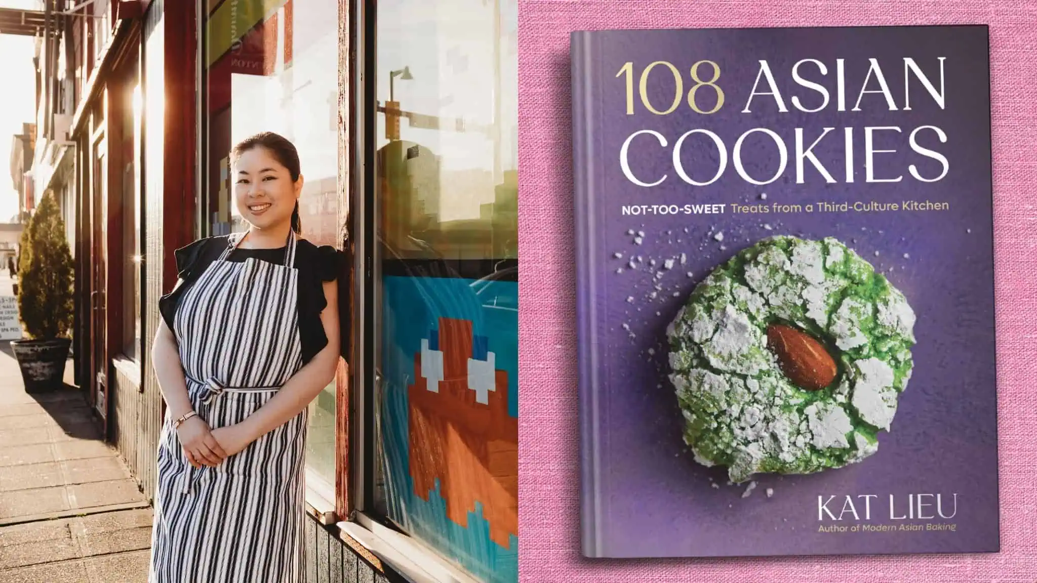 A woman in an apron smiles while leaning against a storefront window. Next to her is a book titled 108 Asian Cookies by Kat Lieu, with a green crinkle cookie on the cover.