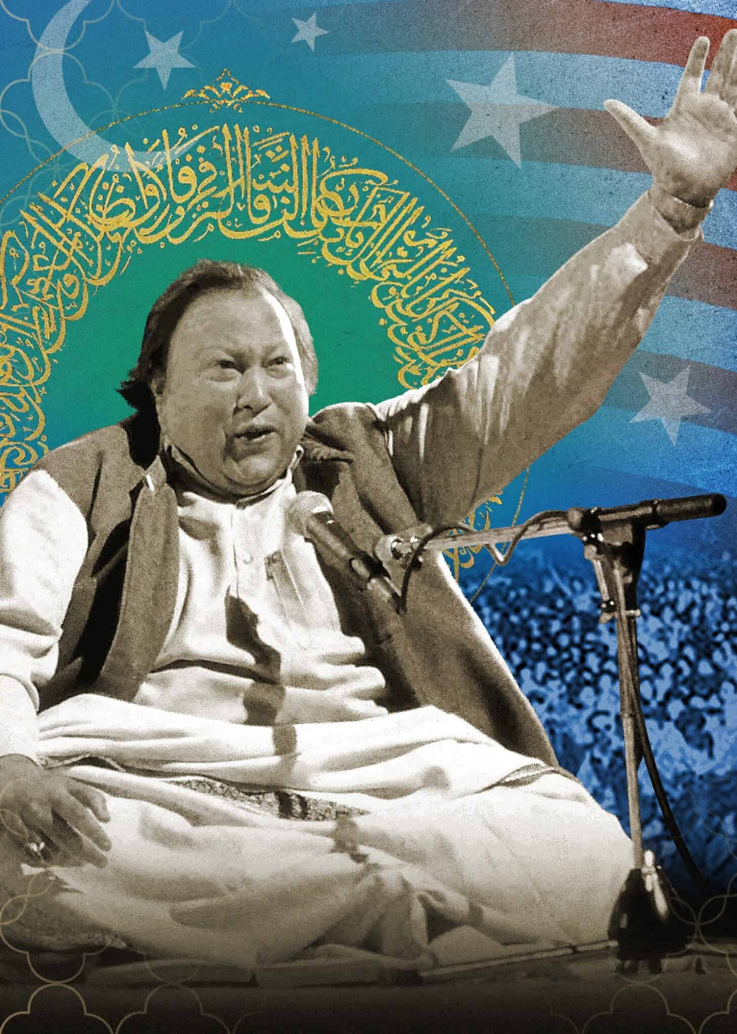 A man in traditional attire passionately sings on stage with one arm raised. Behind him are musicians, a large crowd, Crescent moons, stars, and Arabic calligraphy set against a patterned blue and green background.