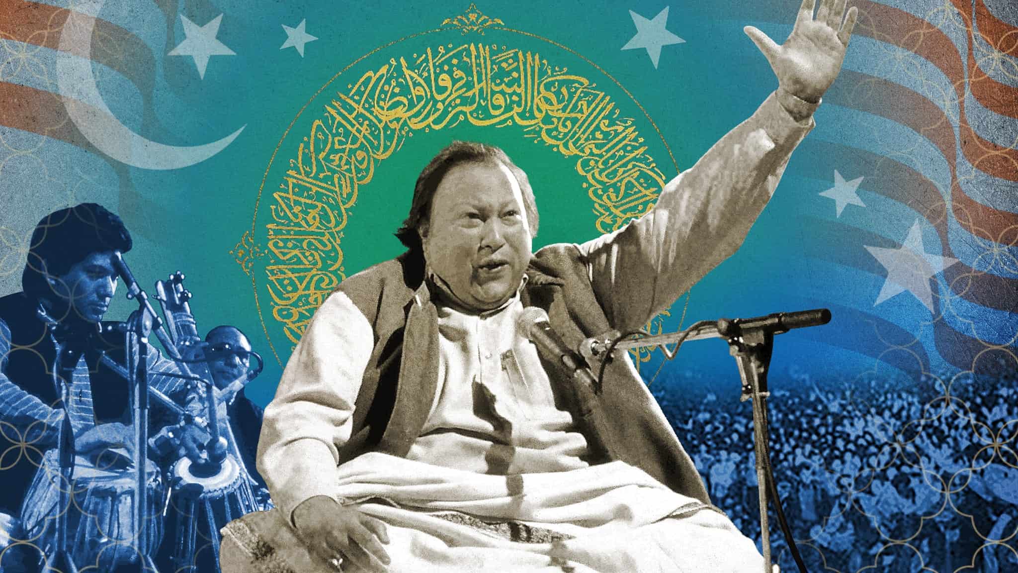 A man in traditional attire passionately sings on stage with one arm raised. Behind him are musicians, a large crowd, Crescent moons, stars, and Arabic calligraphy set against a patterned blue and green background.