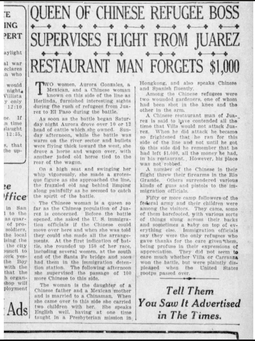 A vintage newspaper article titled Queen of Chinese Refugee Boss Supervises Flight from Juarez; Restaurant Man Forgets $1,000 with multiple columns of text and a small section for advertisements at the bottom.