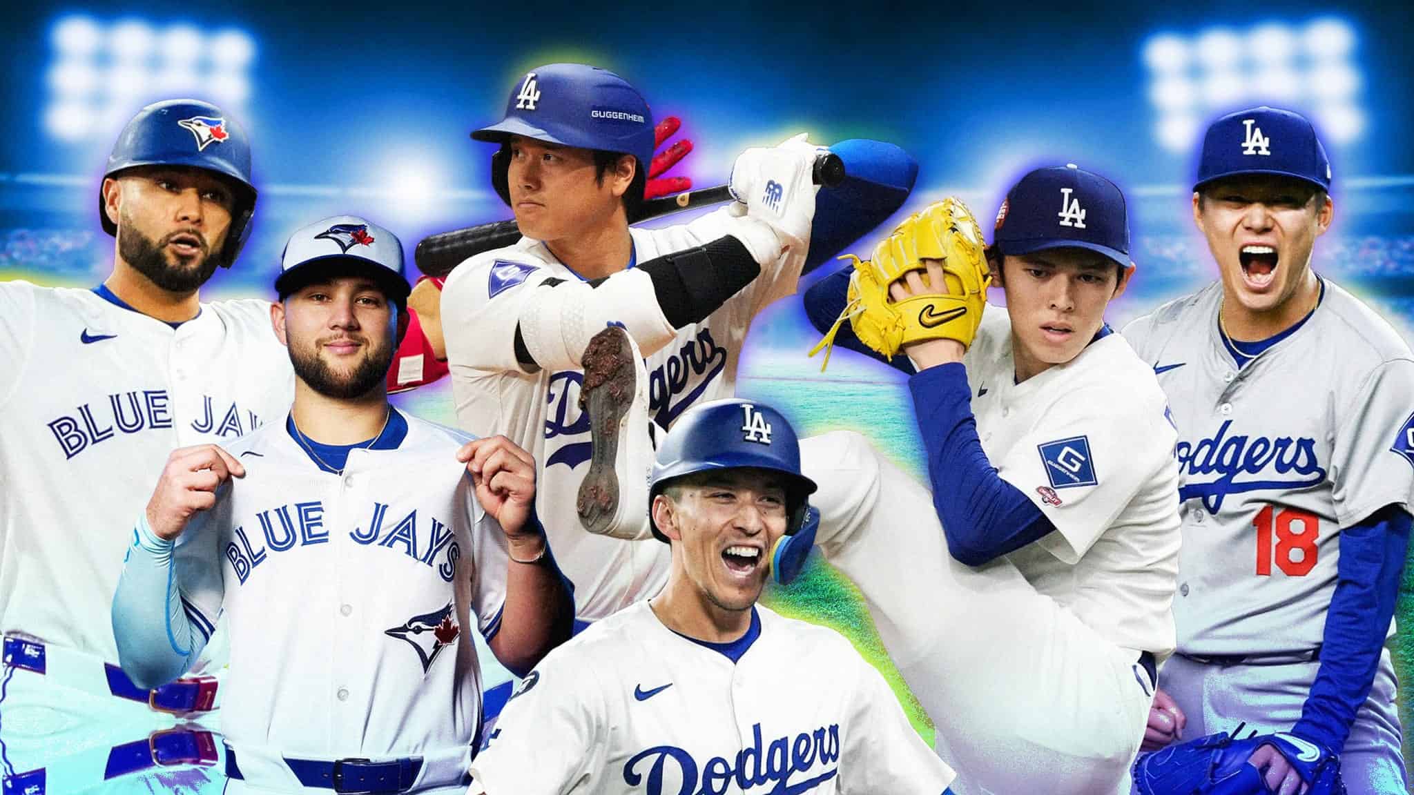 Six baseball players from the Blue Jays and Dodgers, including standout Asian Pacific Islander athletes, stand together on a brightly lit field in their team uniforms and caps, with stadium lights glowing as if it's the World Series.