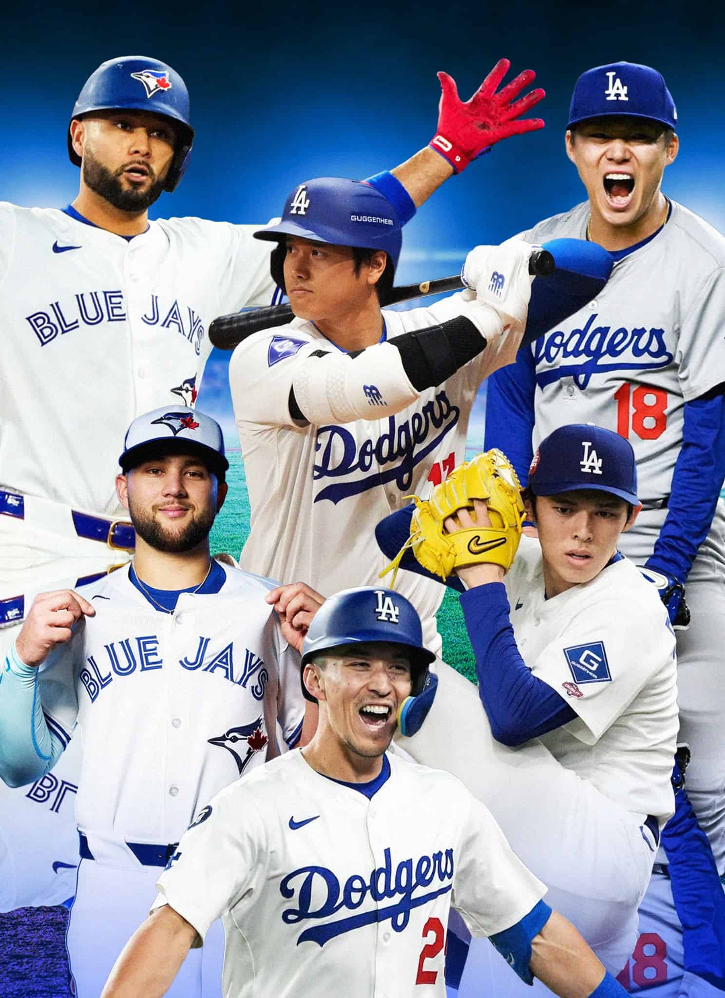 Six baseball players from the Blue Jays and Dodgers, including standout Asian Pacific Islander athletes, stand together on a brightly lit field in their team uniforms and caps, with stadium lights glowing as if it's the World Series.