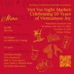 A red and yellow event poster lists drinks, main dishes, shops, and performances for the Viet Vui Night Market: Celebrating 50 Years of Vietnamese Joy on November 15, 2025, at Welcome to Chinatown Hub in New York City.