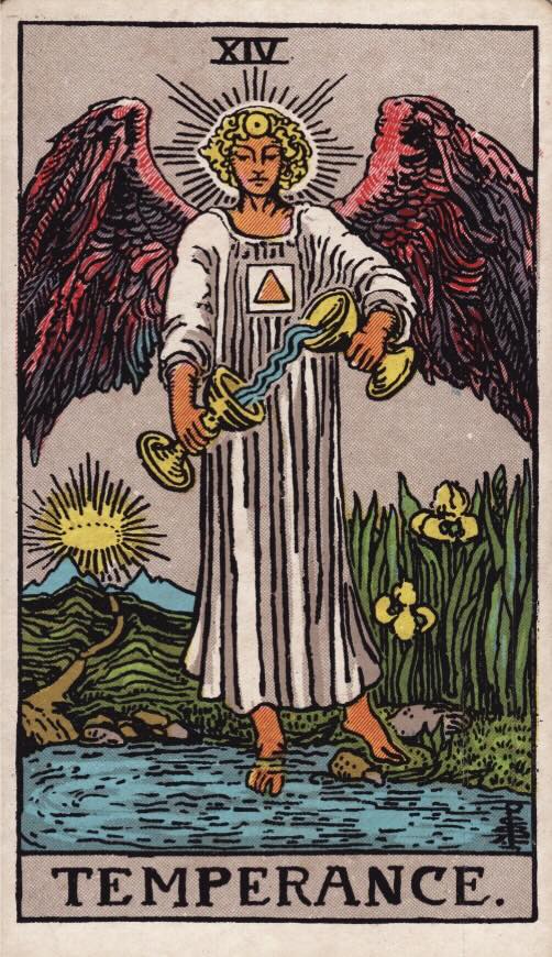 An angel with red wings, wearing a white robe with a triangle symbol, pours water between two golden cups. One foot is in a pond, the other on land. A sun, mountains, and greenery are in the background. The card reads “Temperance.”.