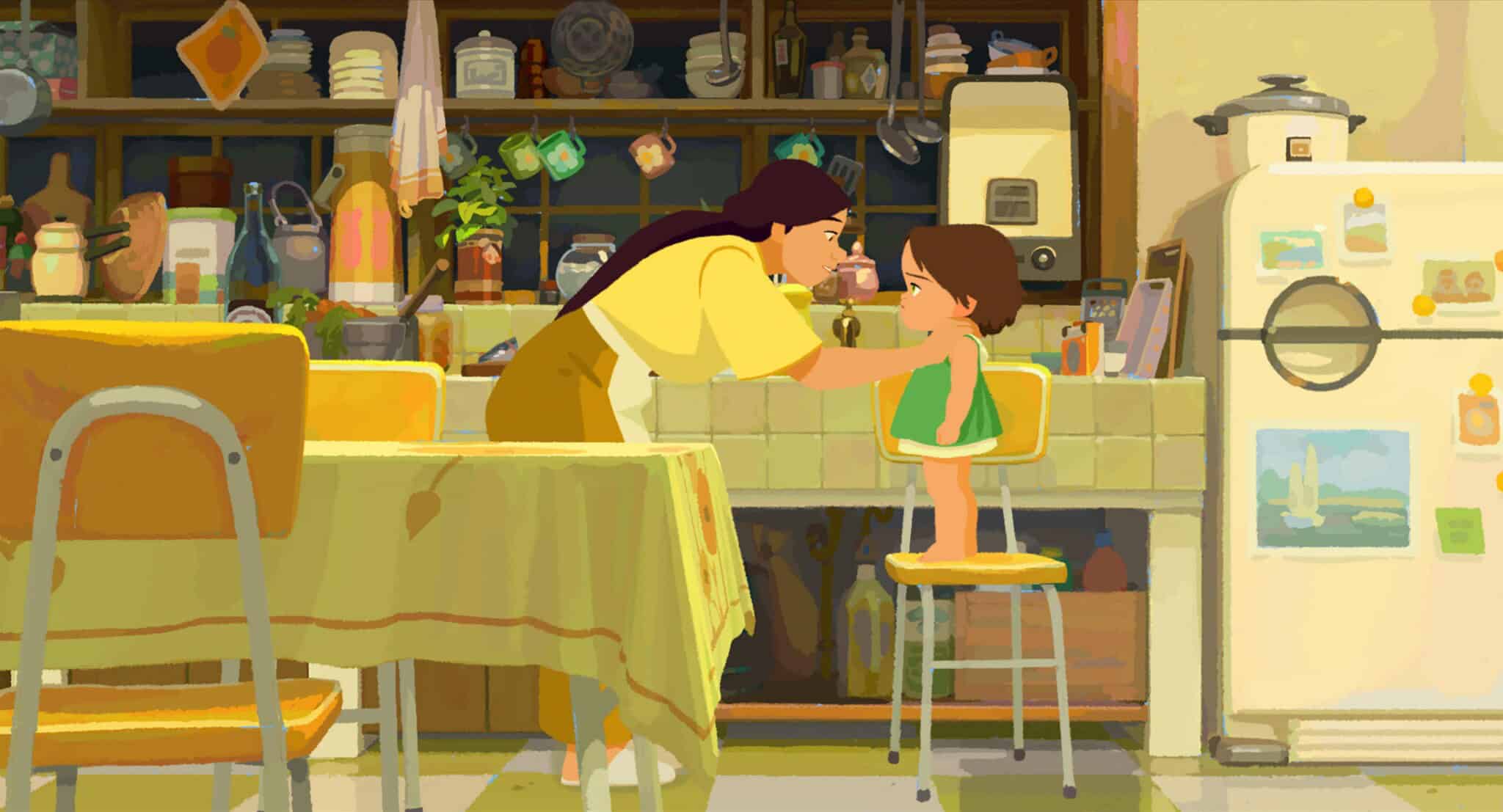 A woman gently helps a young child sitting on a kitchen stool. The cozy kitchen is filled with dishes, plants, and a fridge decorated with magnets and pictures. Warm sunlight streams through the scene.