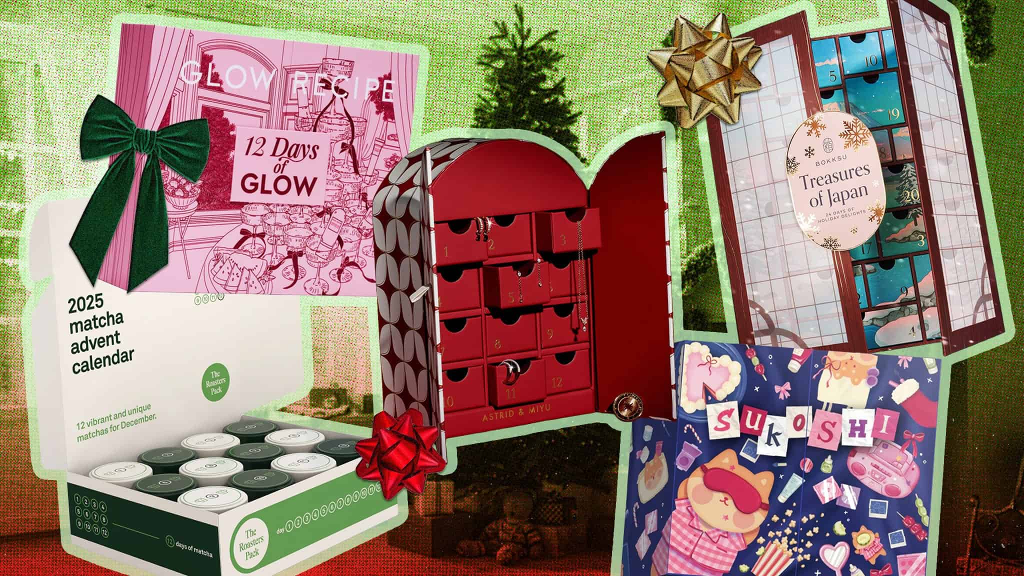 A collage of five colorful advent calendars, each decorated with festive bows. The backgrounds and calendar designs feature holiday and gift themes, with one labeled 12 Days of Glow and another Treasures of Japan.