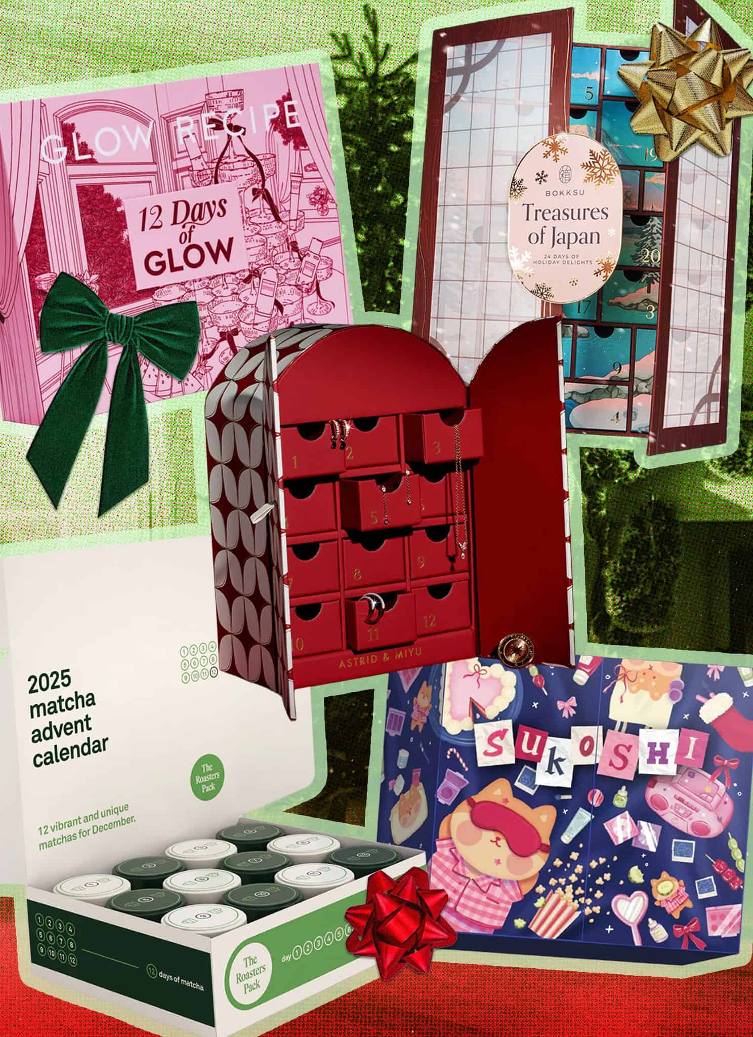 A collage of five colorful advent calendars, each decorated with festive bows. The backgrounds and calendar designs feature holiday and gift themes, with one labeled 12 Days of Glow and another Treasures of Japan.