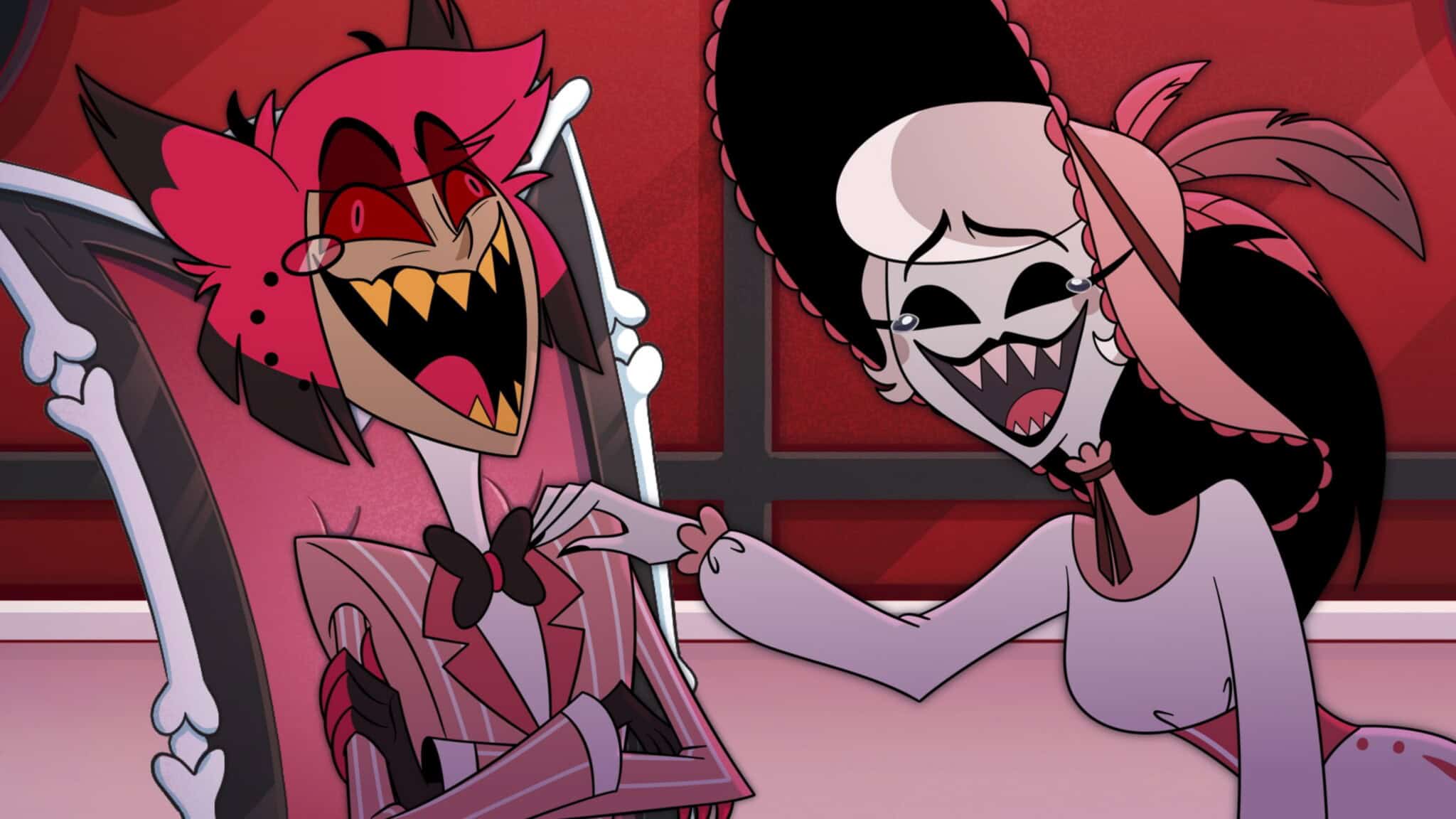 Two animated characters with sharp teeth and wide grins are laughing together. One has pink hair and wears a suit, while the other has white hair with black tips and a bow. The background is red with dark window panels.