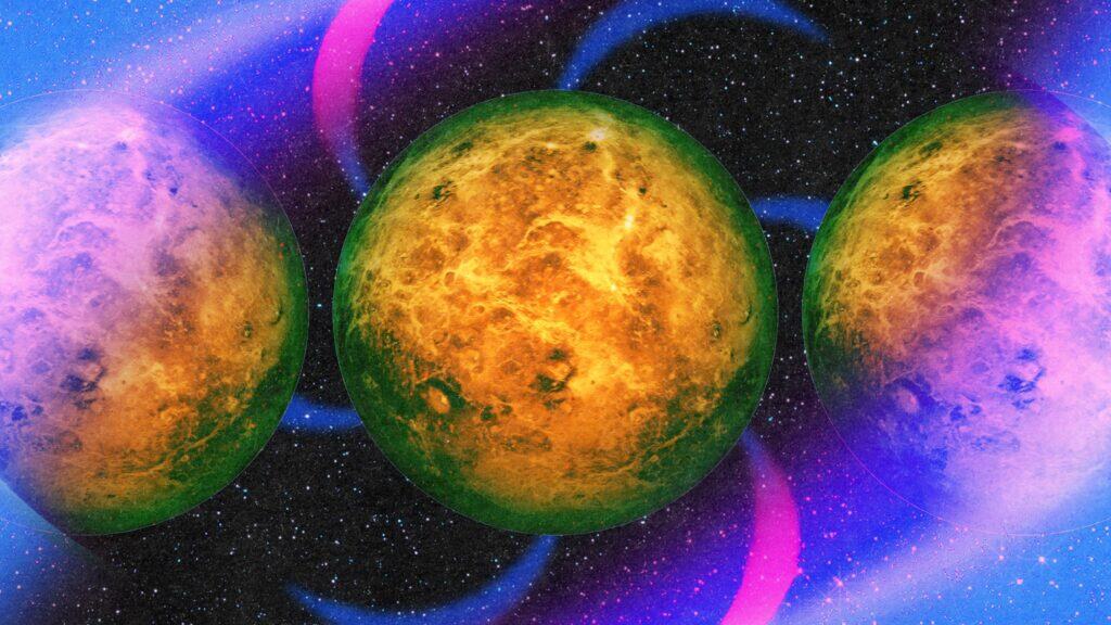 A digital artwork featuring three orange-yellow planets with textured surfaces set against a starry black background, surrounded by vibrant purple and blue swirling light effects.