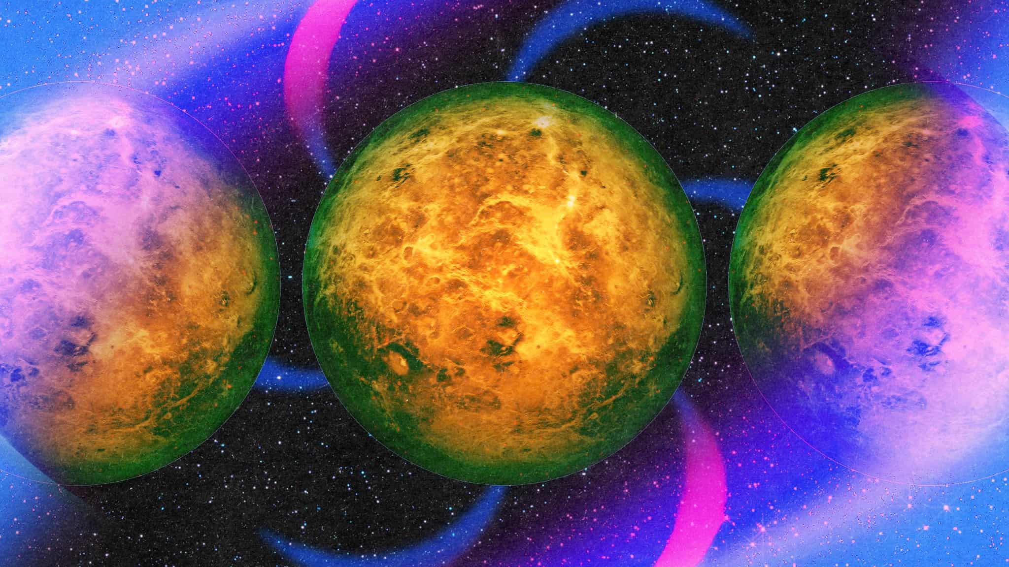 A digital artwork featuring three orange-yellow planets with textured surfaces set against a starry black background, surrounded by vibrant purple and blue swirling light effects.