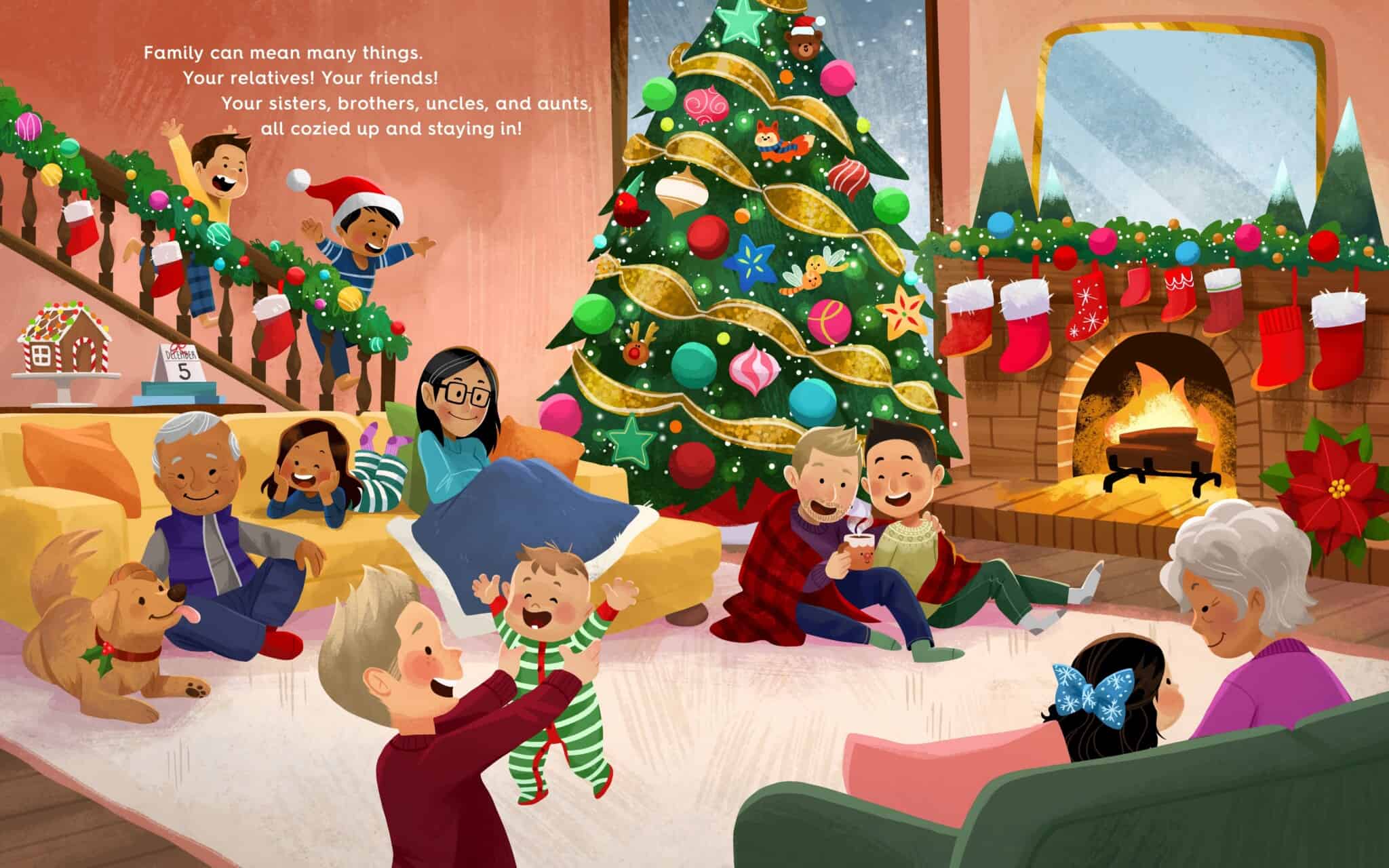 A joyful family gathers in a cozy living room decorated for Christmas. Children play, adults chat, a dog lies nearby, and a fireplace glows. A large, ornamented tree and stockings add festive cheer.