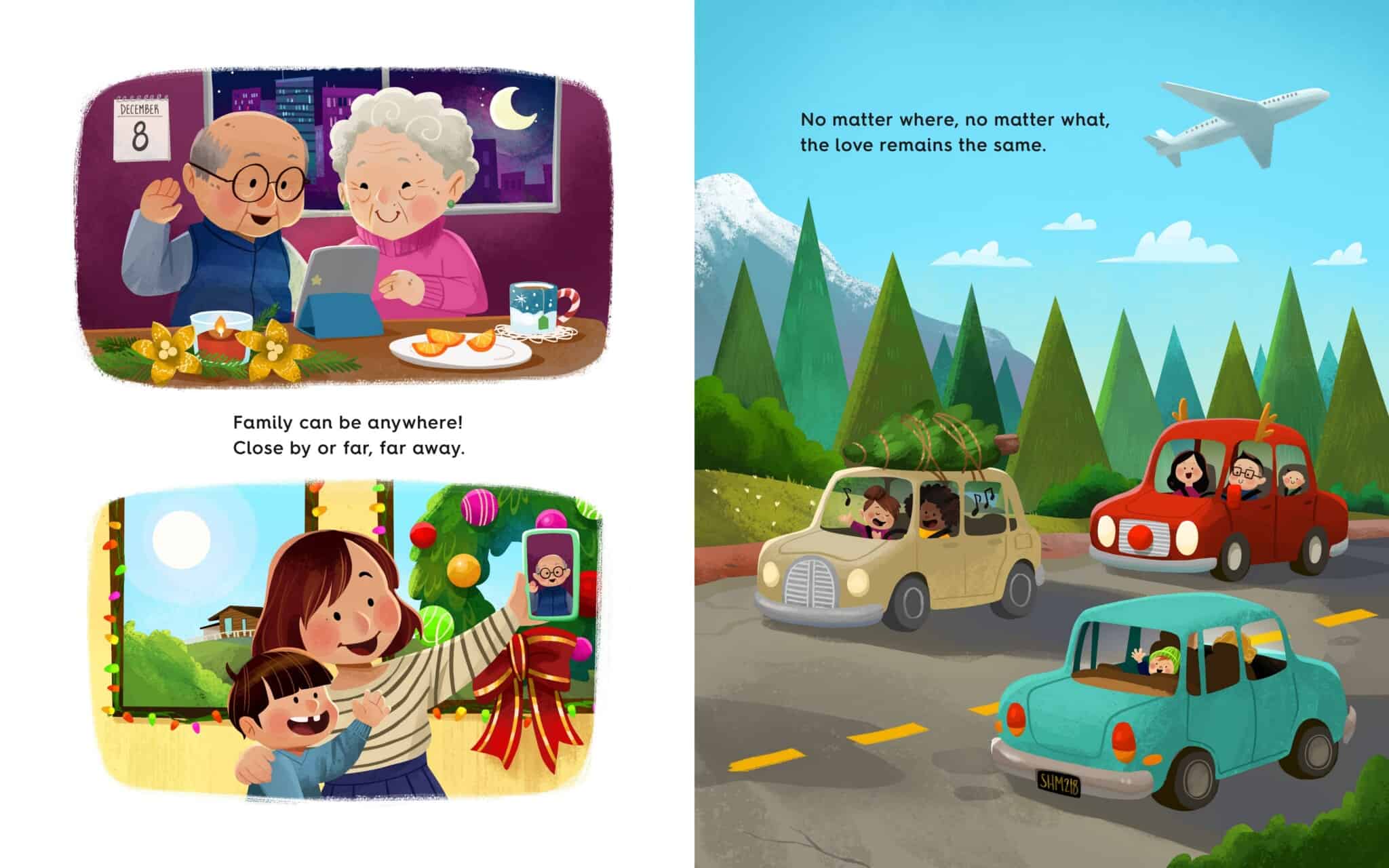 A grandfather and grandmother video chat with family, a mother takes a selfie with her child, and families travel by car and plane. The scenes show love and connection across distances, with mountains and trees in the background.