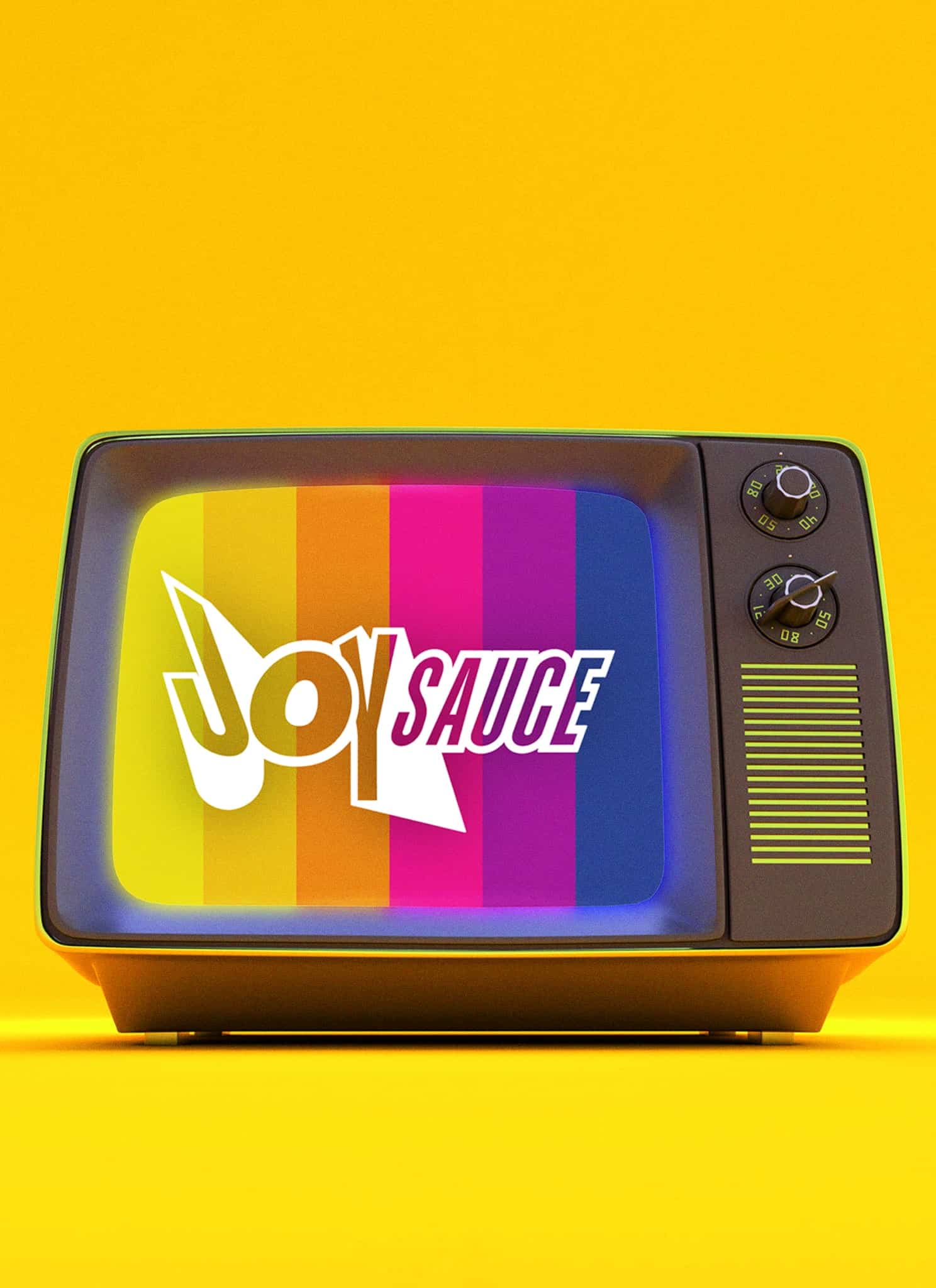 A retro television displays vertical rainbow stripes on the screen with the word JoySauce in bold white letters. The background is bright yellow, matching the vibrant, colorful theme.