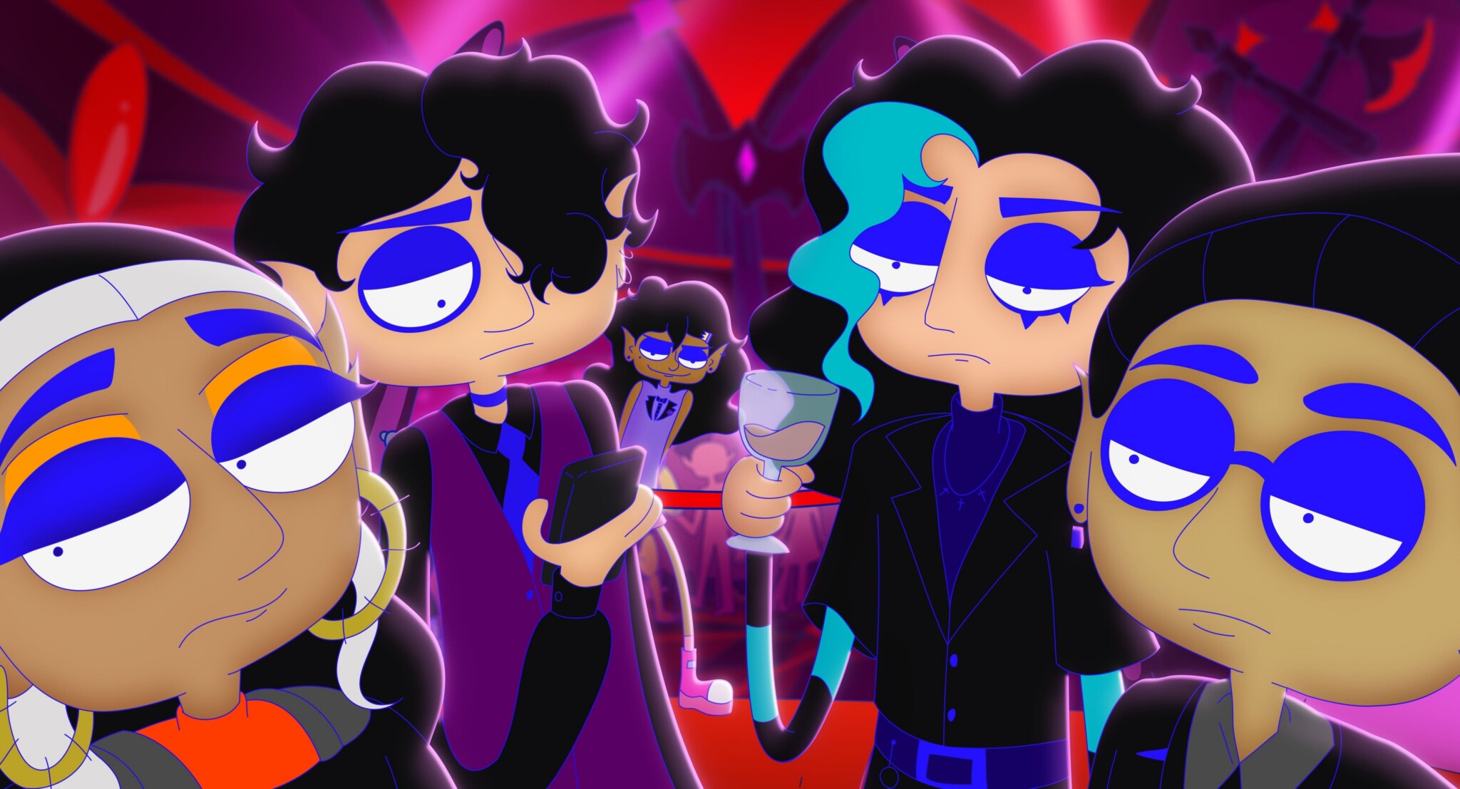 Five cartoon characters with bored expressions stand in a dimly lit, neon-colored room; one checks a phone, another holds a wine glass, and a sixth character stands in the background.