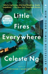 Book cover for Little Fires Everywhere by Celeste Ng, featuring an aerial view of a suburban neighborhood at dusk. The title and author appear in large letters, with a #1 New York Times Bestseller label on the right side.