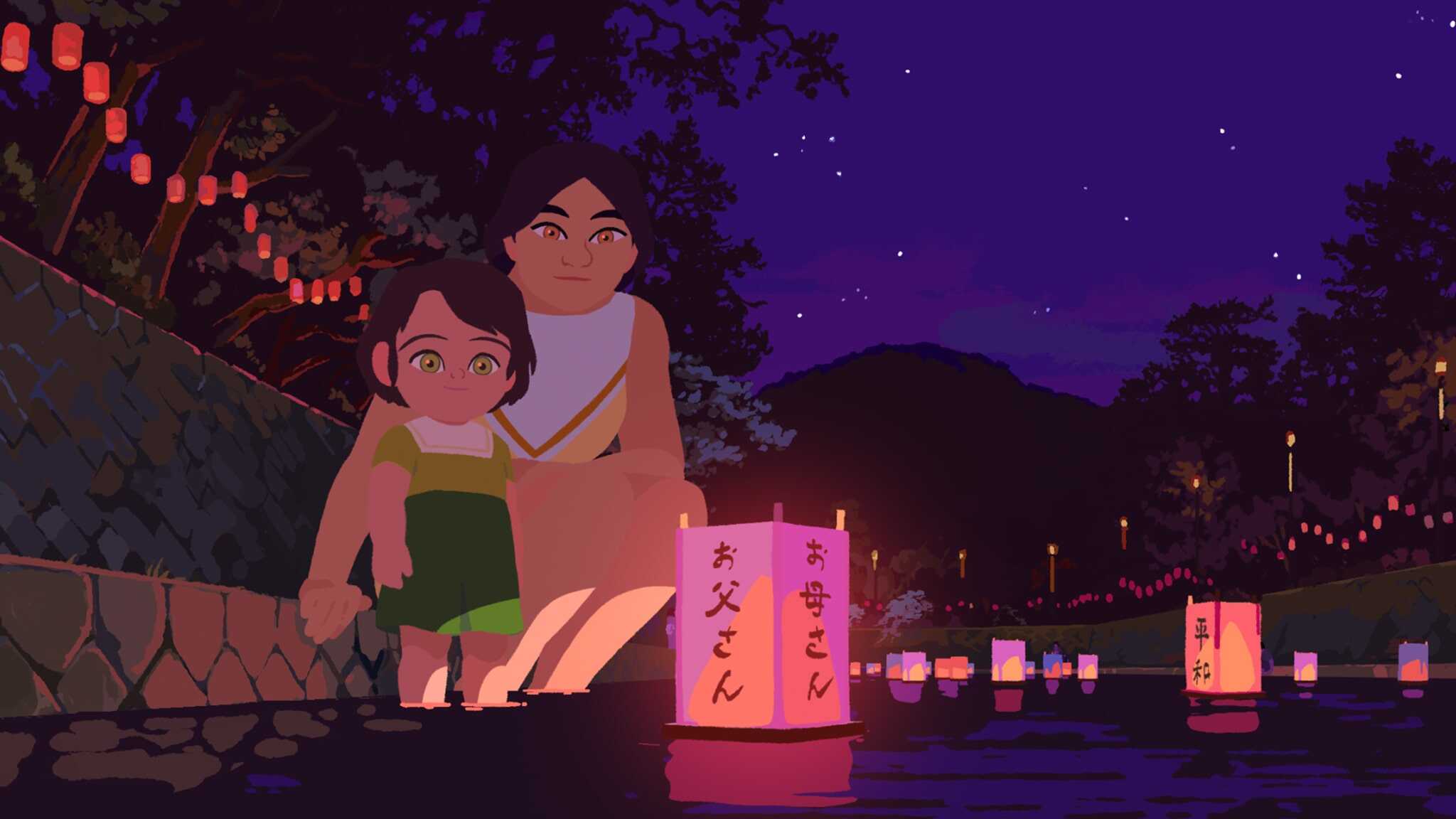 A woman and a child kneel by a river at night, surrounded by glowing lanterns floating on the water. Trees and red paper lanterns line the riverbank under a purple sky. The atmosphere is calm and reflective.