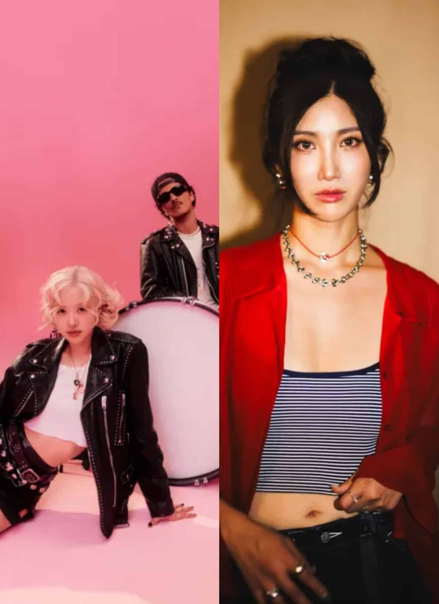 Split image: On the left, a woman with blonde hair sits on the floor in front of a drummer, both in black leather jackets, against a pink background. On the right, a woman in a red jacket stands against a brown backdrop.