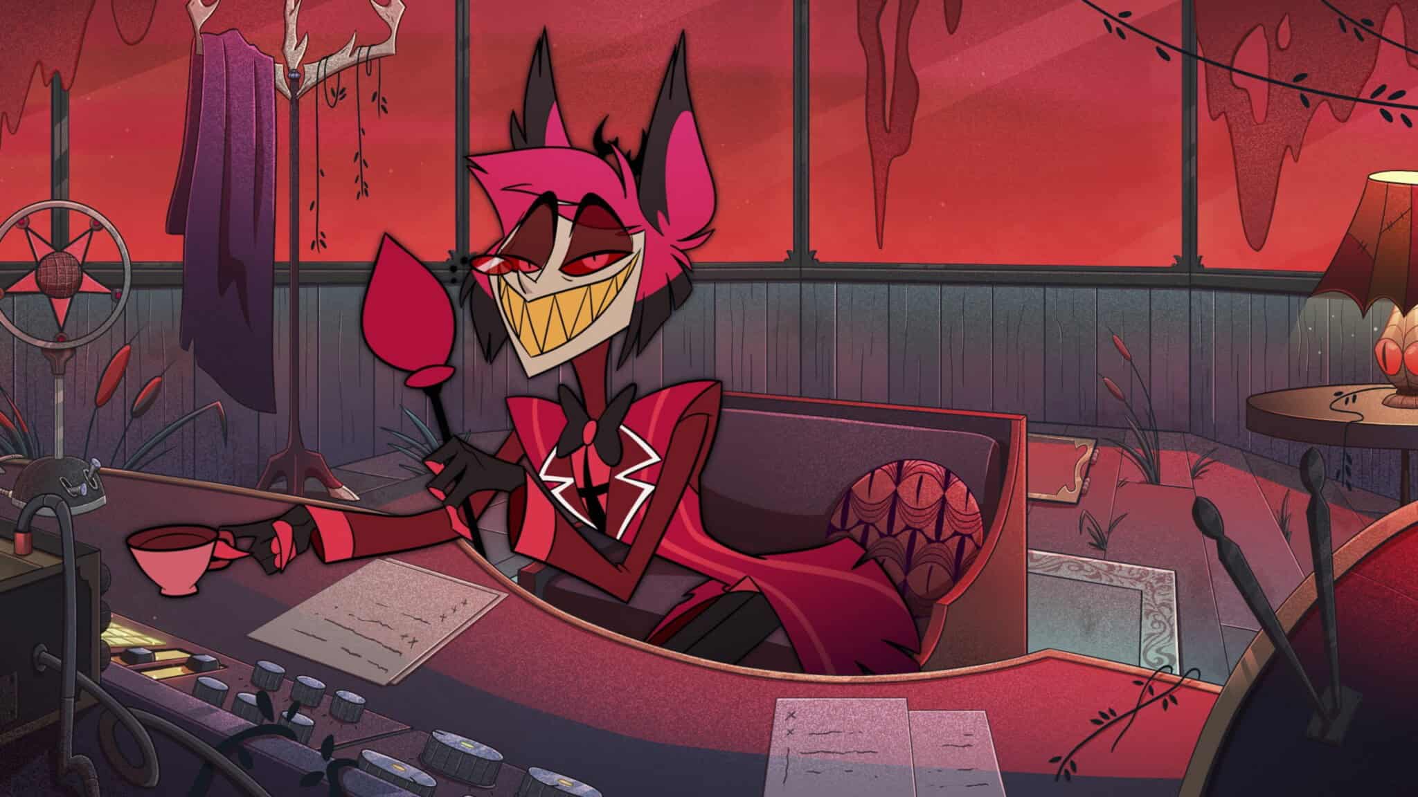 A cartoon character with red eyes, sharp teeth, and dark fur sits at a desk holding a wine glass. The character wears a red suit and bow tie in a dimly lit, red-toned room with large windows and tattered curtains.