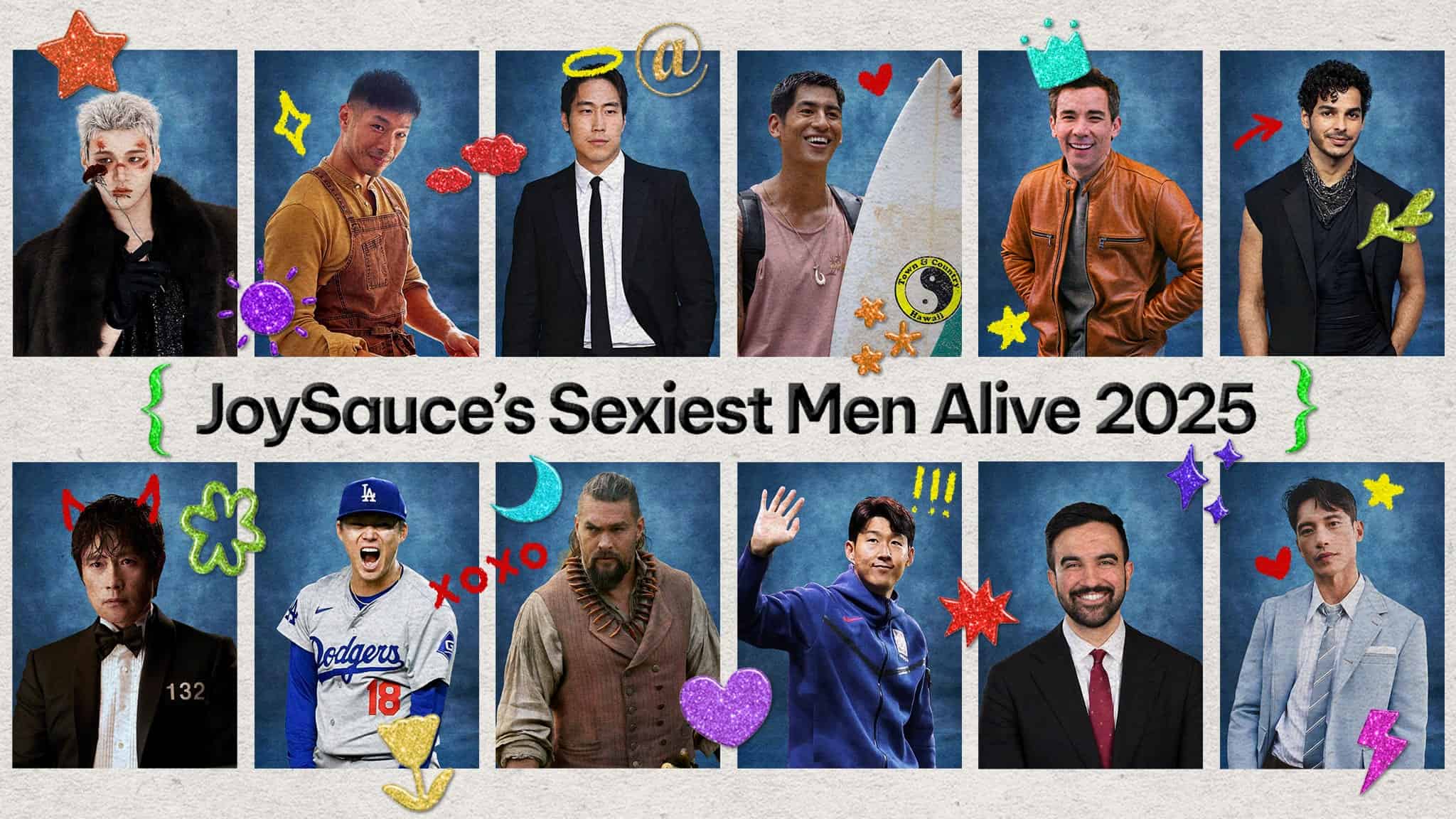 A collage of twelve sexiest Asian Pacific Islander men with diverse looks and styles, each decorated with colorful doodles and stickers, above the title “JoySauce’s Sexiest Men Alive 2025” on a light background.