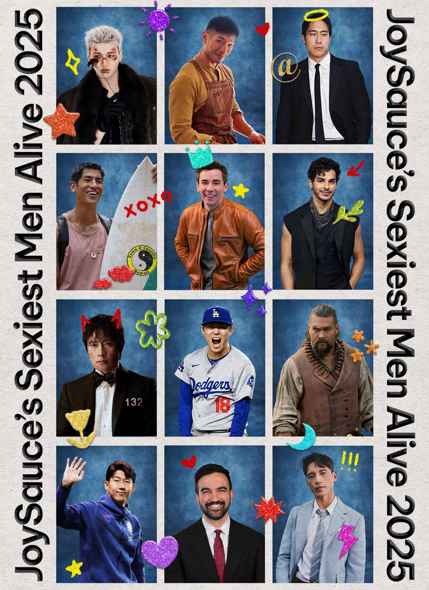 A collage of twelve sexiest Asian Pacific Islander men with diverse looks and styles, each decorated with colorful doodles and stickers, above the title “JoySauce’s Sexiest Men Alive 2025” on a light background.