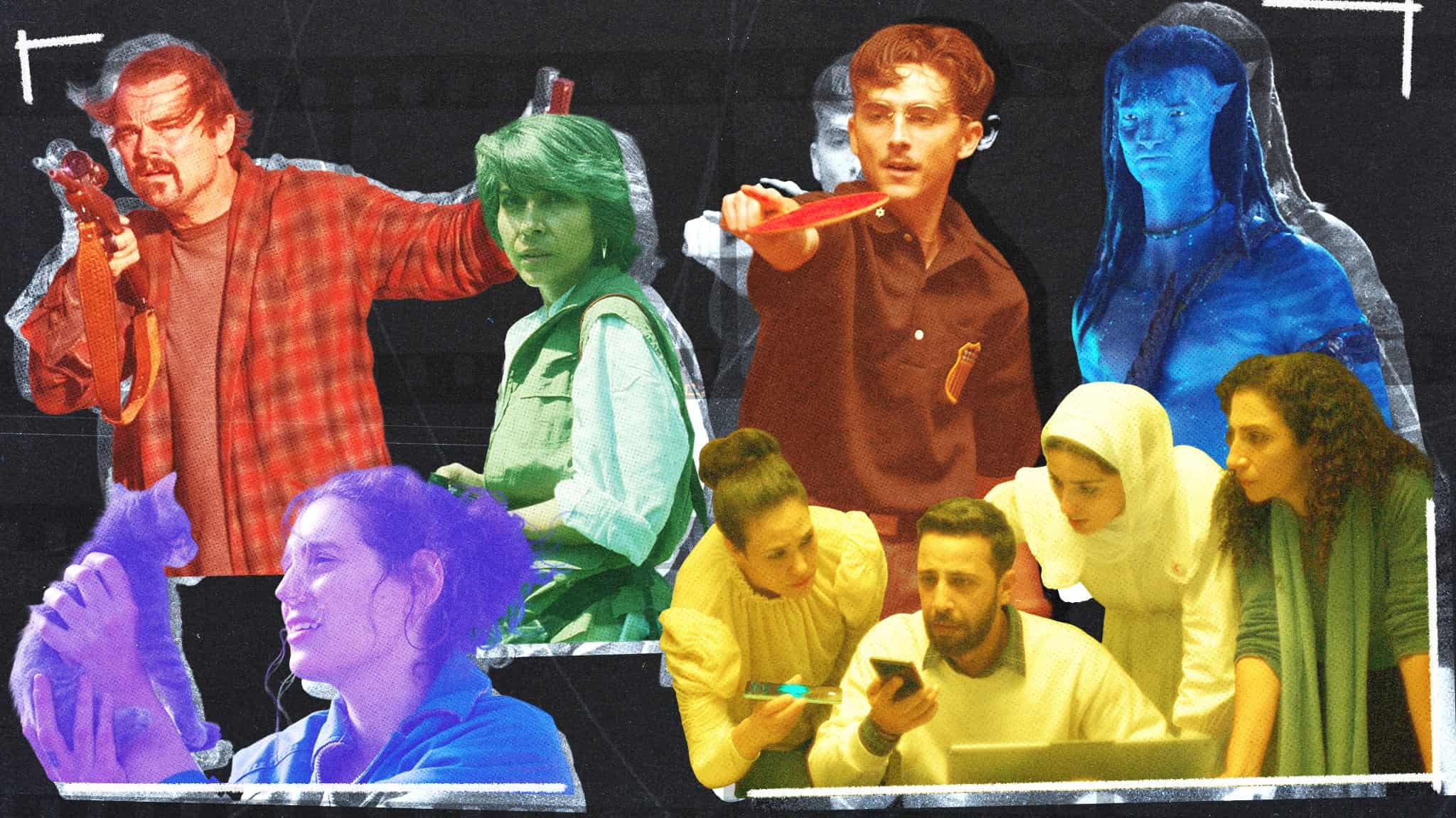 A collage of diverse film and TV characters in colorful overlays, including people holding weapons, using phones, interacting with animals, and a blue-skinned fantasy character, all set against a dark background.
