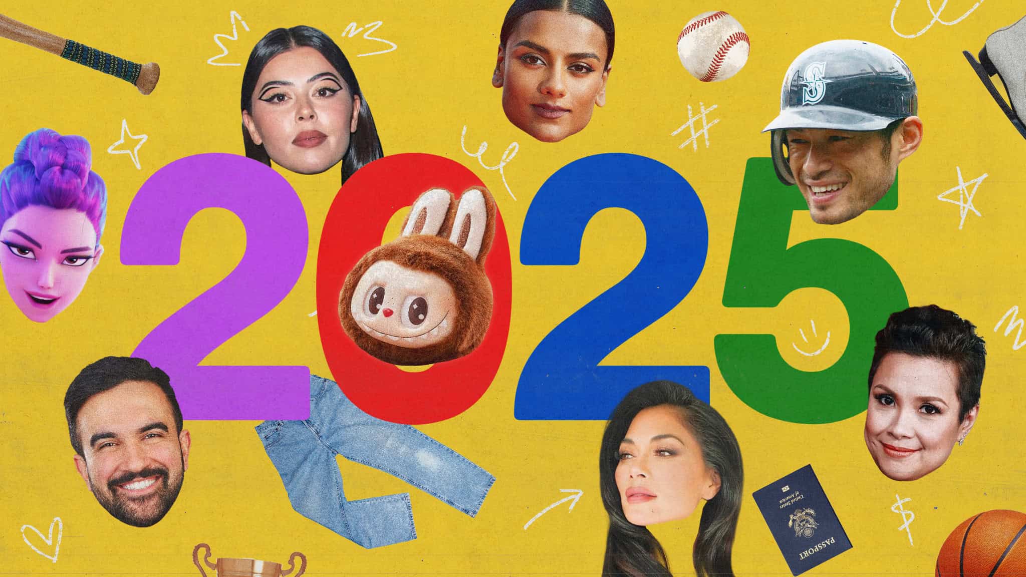 A colorful collage with 2025 in large numbers, surrounded by cut-out faces, a baseball, jeans, a passport, trophy, a bat, and playful doodles on a yellow background.