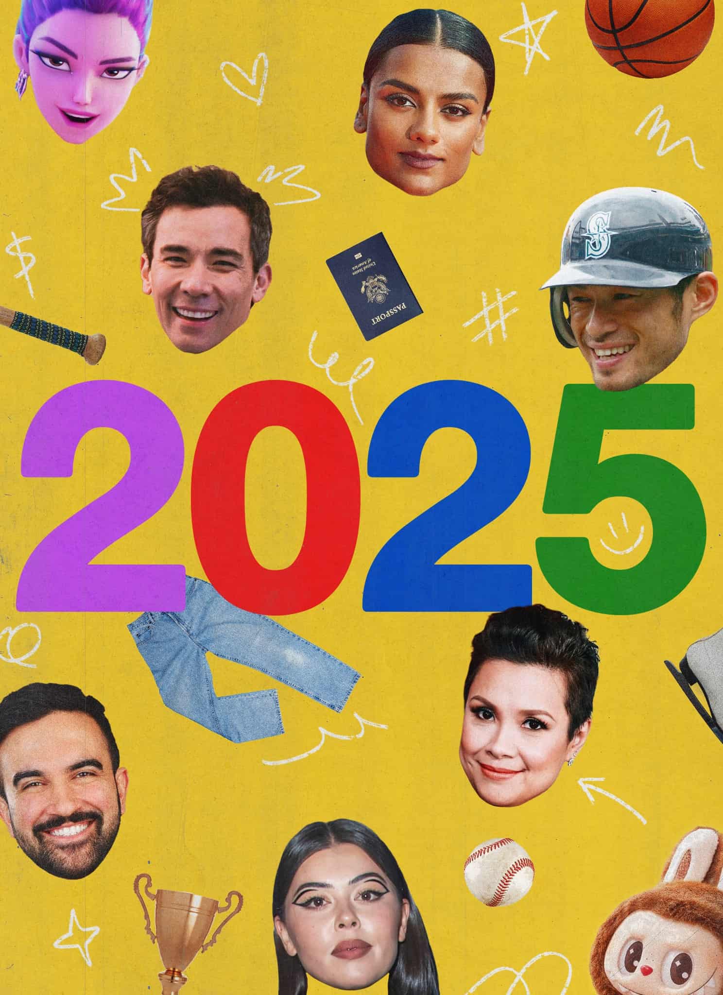 A colorful collage with 2025 in large numbers, surrounded by cut-out faces, a baseball, jeans, a passport, trophy, a bat, and playful doodles on a yellow background.