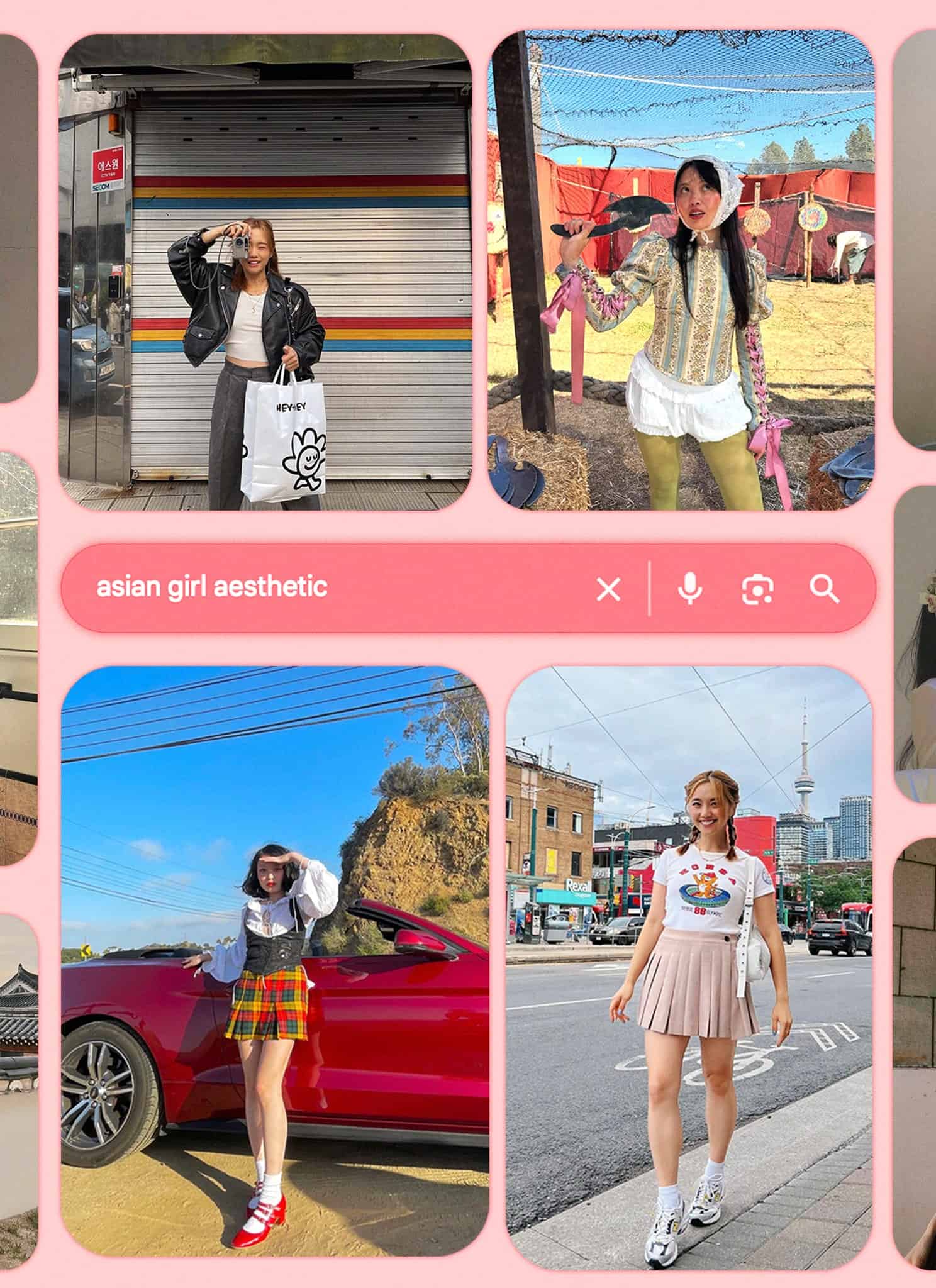 A collage of young Asian women posing in various stylish outfits, each in different locations. In the center, a pink search bar reads asian girl aesthetic. The image has a soft, pastel color theme.