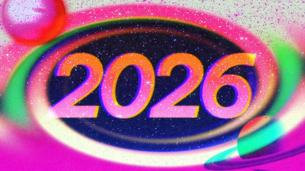 Bold “2026” in neon colors is centered over a cosmic background with stars, pink, green, and purple rings, and two planets, creating a vibrant, futuristic space theme.
