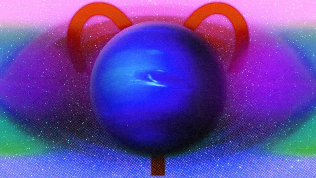 A digital illustration of a blue and purple planet with swirling clouds, set against a pink and green starry background. Two red curved lines form an Aries zodiac symbol above and behind the planet.