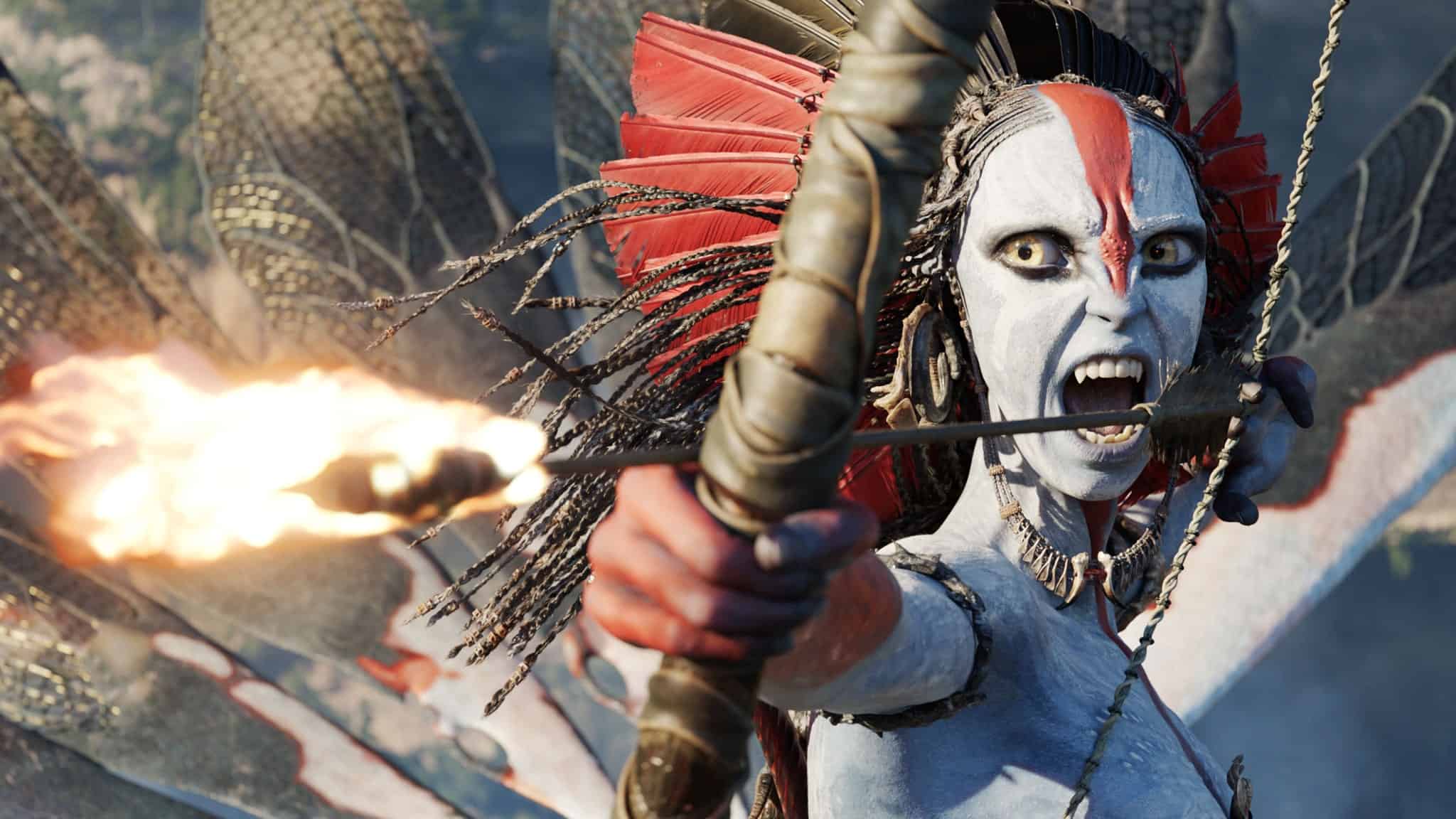 A fierce blue-skinned humanoid with tribal paint and red feathered headdress aims a flaming arrow with a bow, baring their teeth in a battle cry.