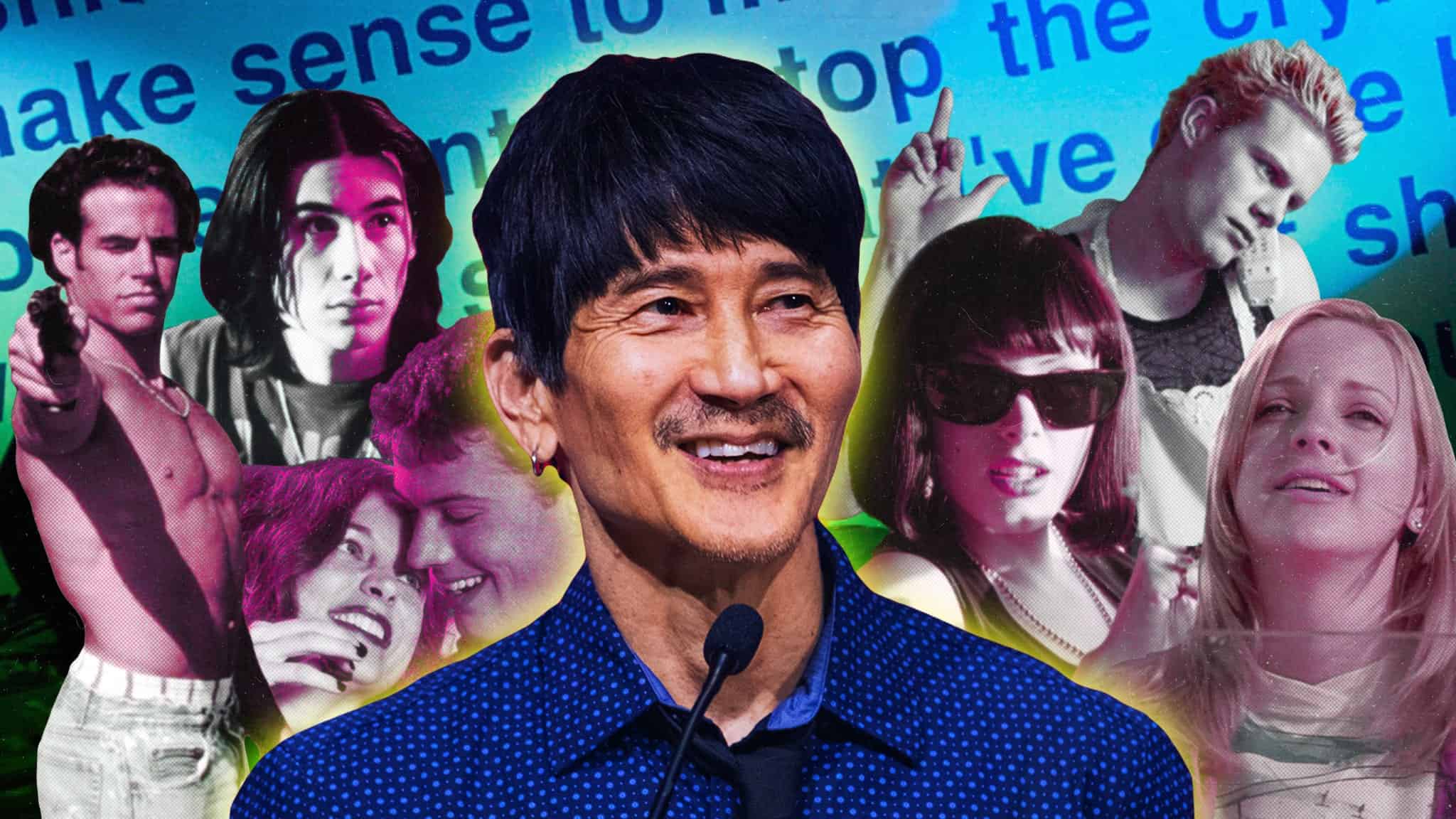 A smiling man stands in front of a colorful collage featuring scenes from 90s movies, with blue text and various people in dramatic poses as the background.