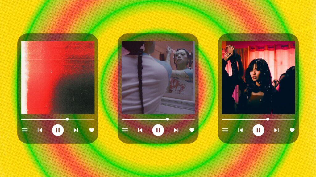 Three music player interfaces with play bars and icons are displayed side by side. The left shows abstract red and black art, the middle shows a person braiding hair in a bathroom, and the right shows a person raising their hand in a dark room.