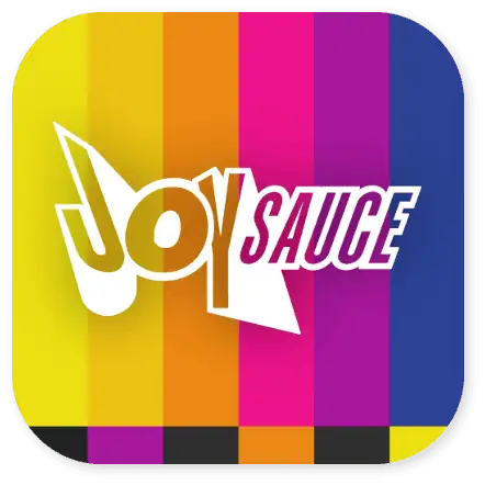 The JoySauce logo appears over vertical stripes in yellow, orange, pink, magenta, purple, and blue, with a row of small black rectangles at the bottom.