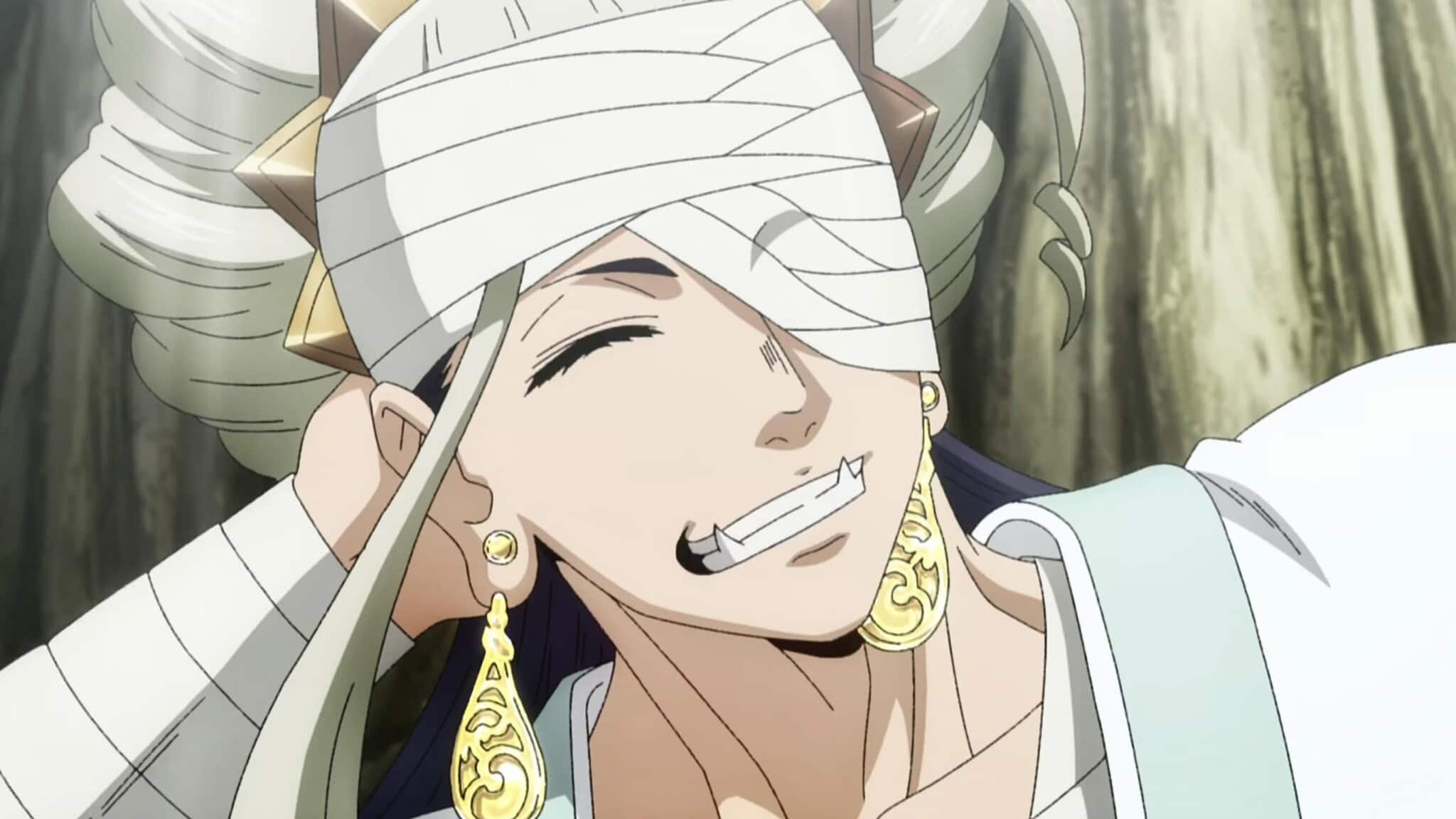 An anime character with light hair, a bandage covering one eye, gold earrings, and a white robe smiles widely and leans back with one hand behind their head. The background is softly blurred.