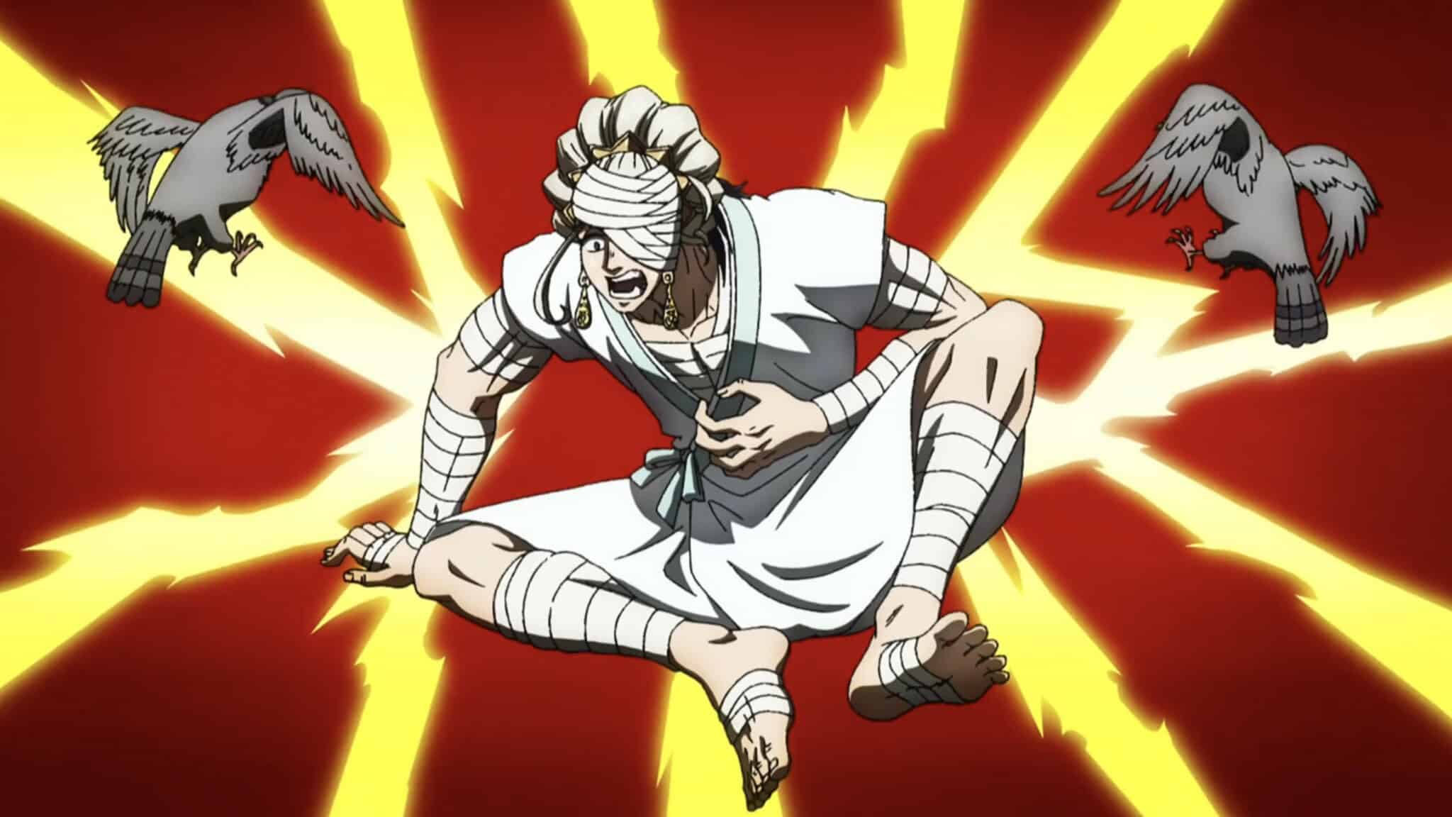 A bandaged man in white clothing sits cross-legged against a red background with yellow lightning streaks, flanked by two birds mid-flight, one on each side.