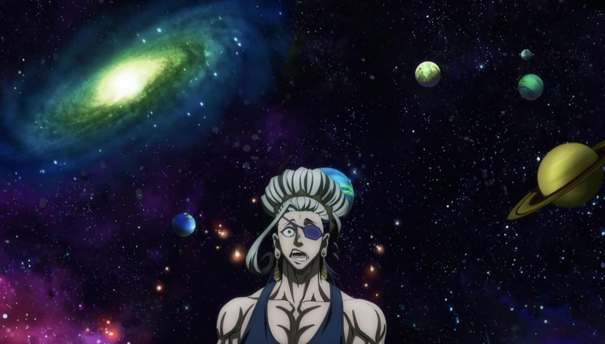 A muscular person with a white ponytail and an eyepatch looks shocked, standing in front of a star-filled outer space background with bright galaxies and several colorful planets.