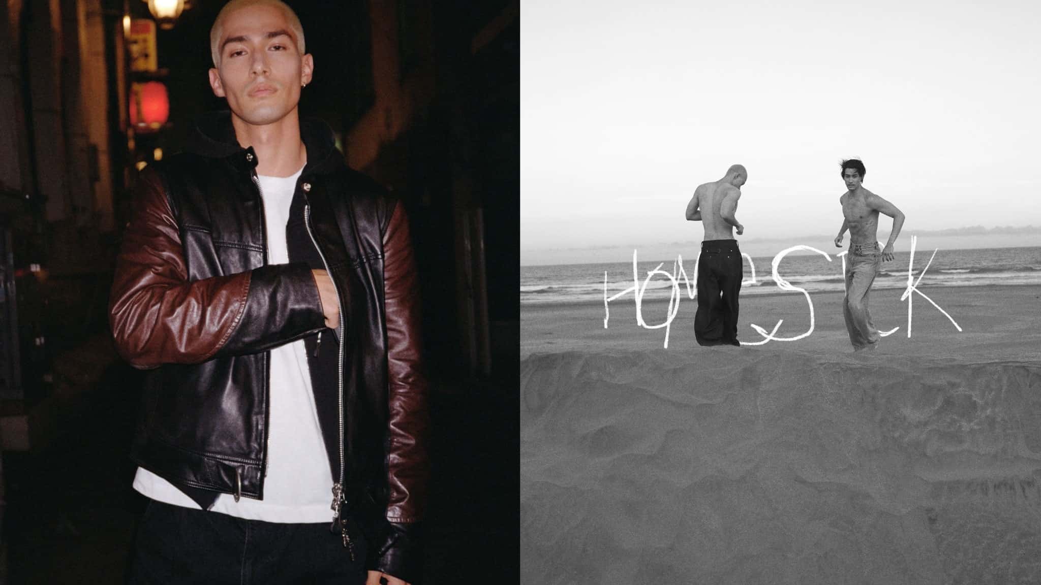 A young man in a leather jacket stands in a dimly lit street at night (left). On a beach at sunset, Mikah and another shirtless man stand in the sand with the word HOMESICK glowing between them (right).
