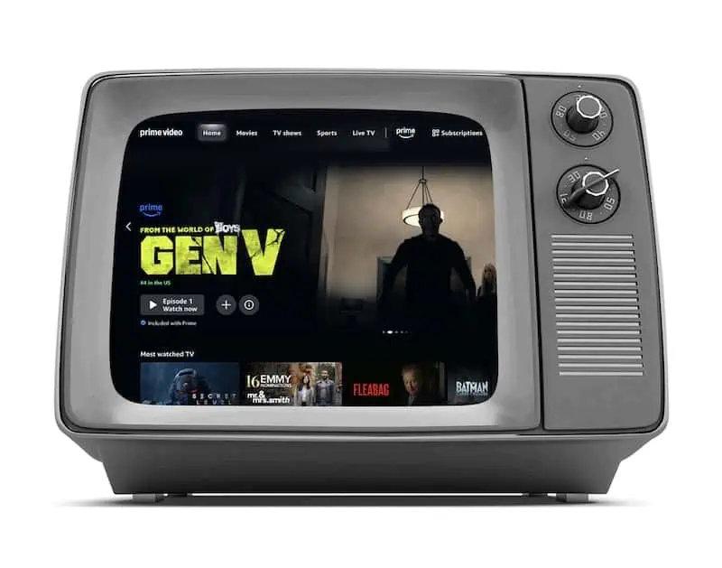 A vintage black-and-white television displays the Prime Video streaming app, showing the series Gen V on its screen, with various modern TV show thumbnails and menu options visible.