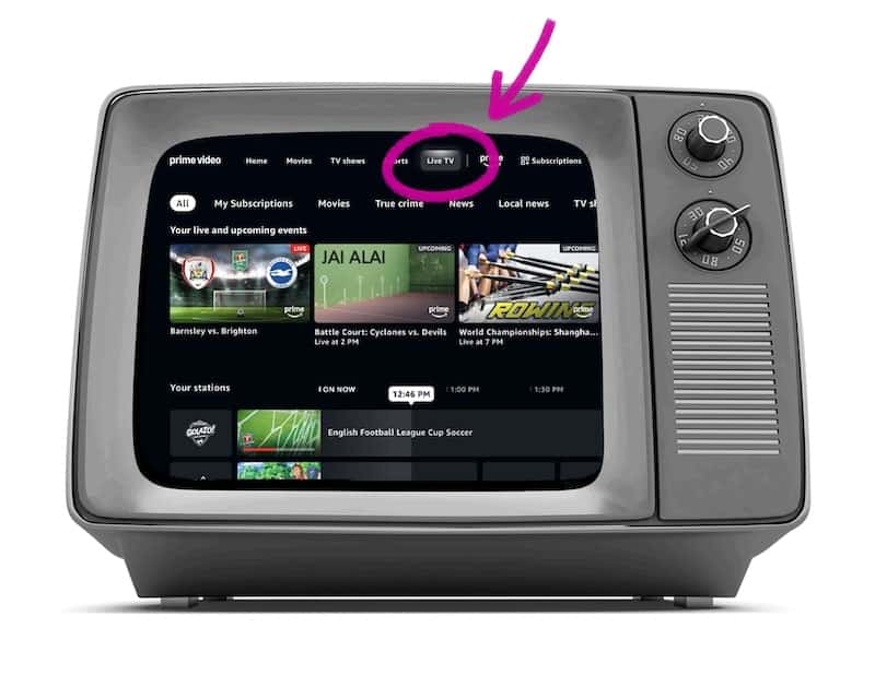 An old-fashioned TV displays a streaming service menu with a pink arrow pointing to the Live TV tab near the top of the screen. The TV has dials on the right side.