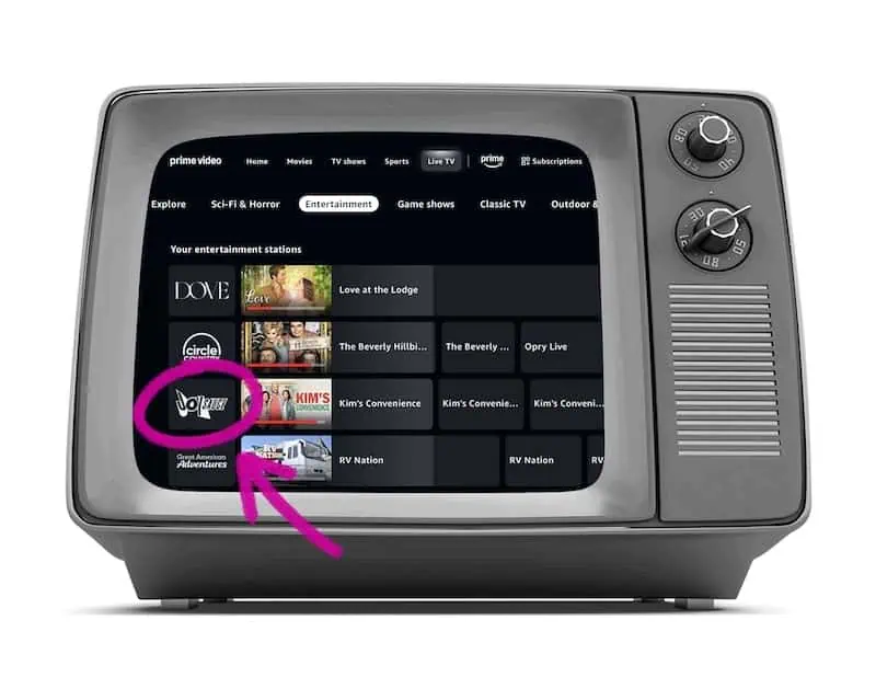 A black-and-white retro TV displays a streaming service menu, highlighting and circling UpTV with a pink marker. Other shows and channels are listed, and the TV has dials on the right side.