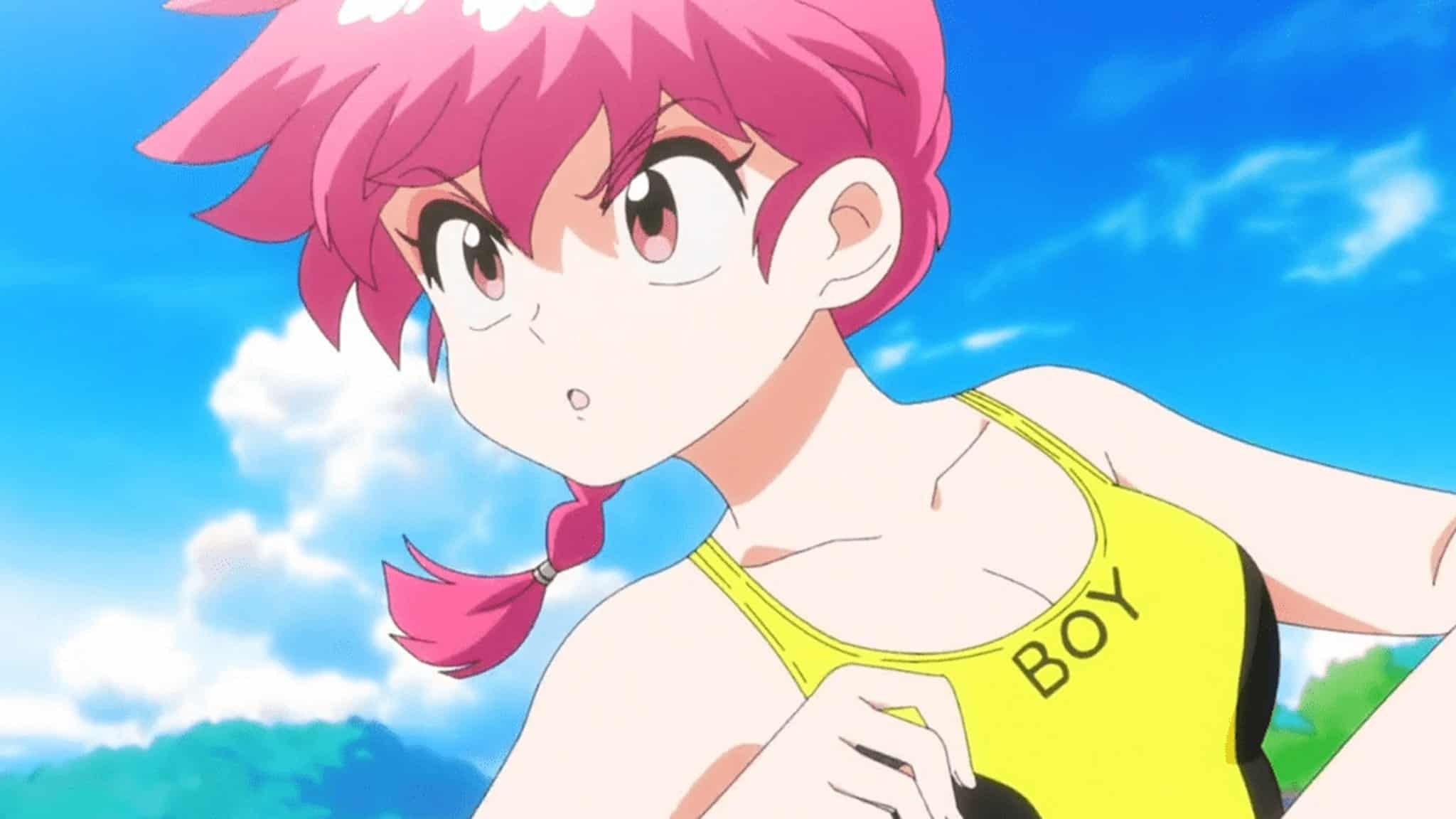 Anime-style character with short pink hair in a side braid, wearing a yellow swimsuit labeled BOY. The character is outdoors with a bright blue sky and green trees in the background, looking determined.