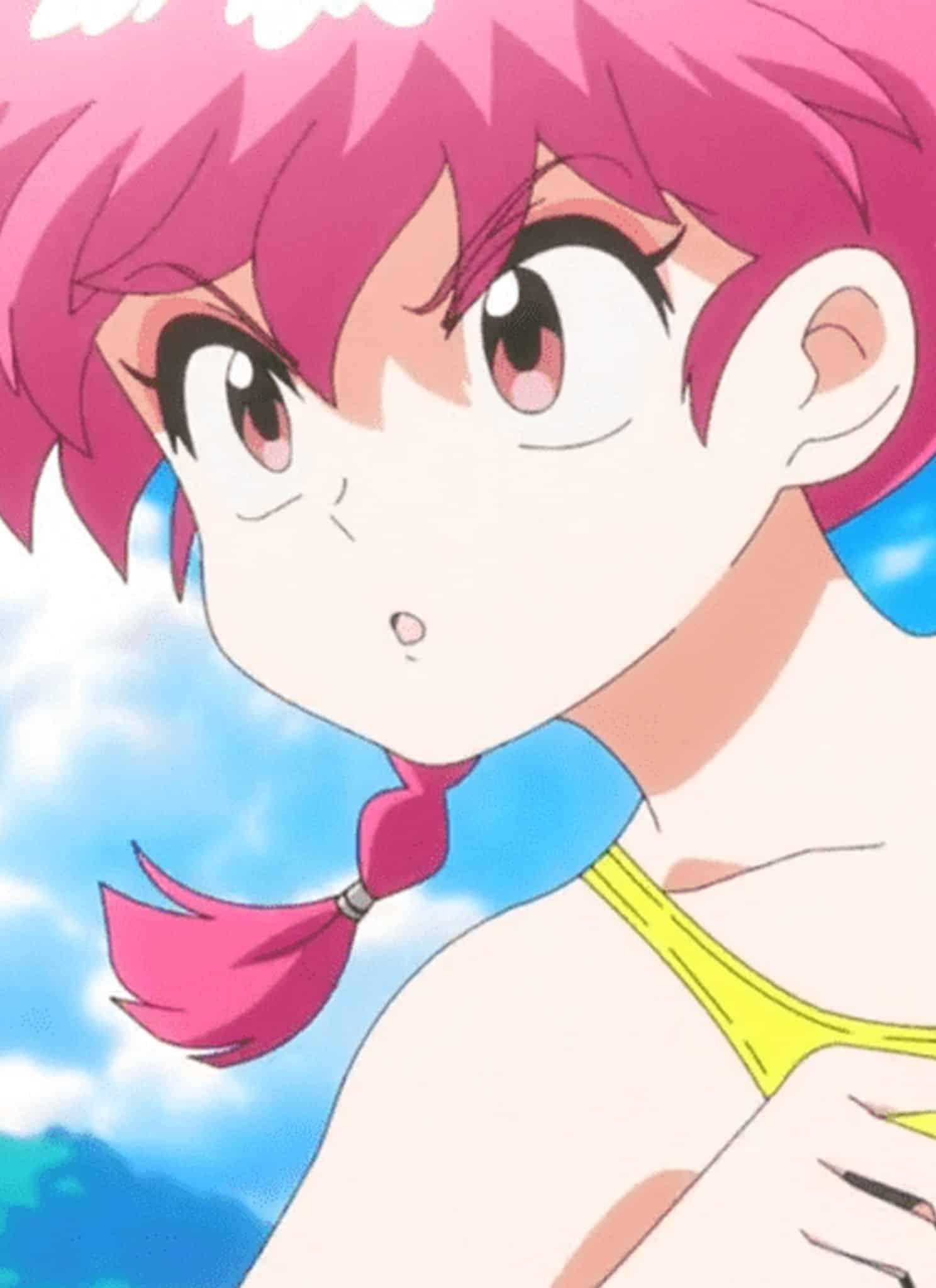 Anime-style character with short pink hair in a side braid, wearing a yellow swimsuit labeled BOY. The character is outdoors with a bright blue sky and green trees in the background, looking determined.