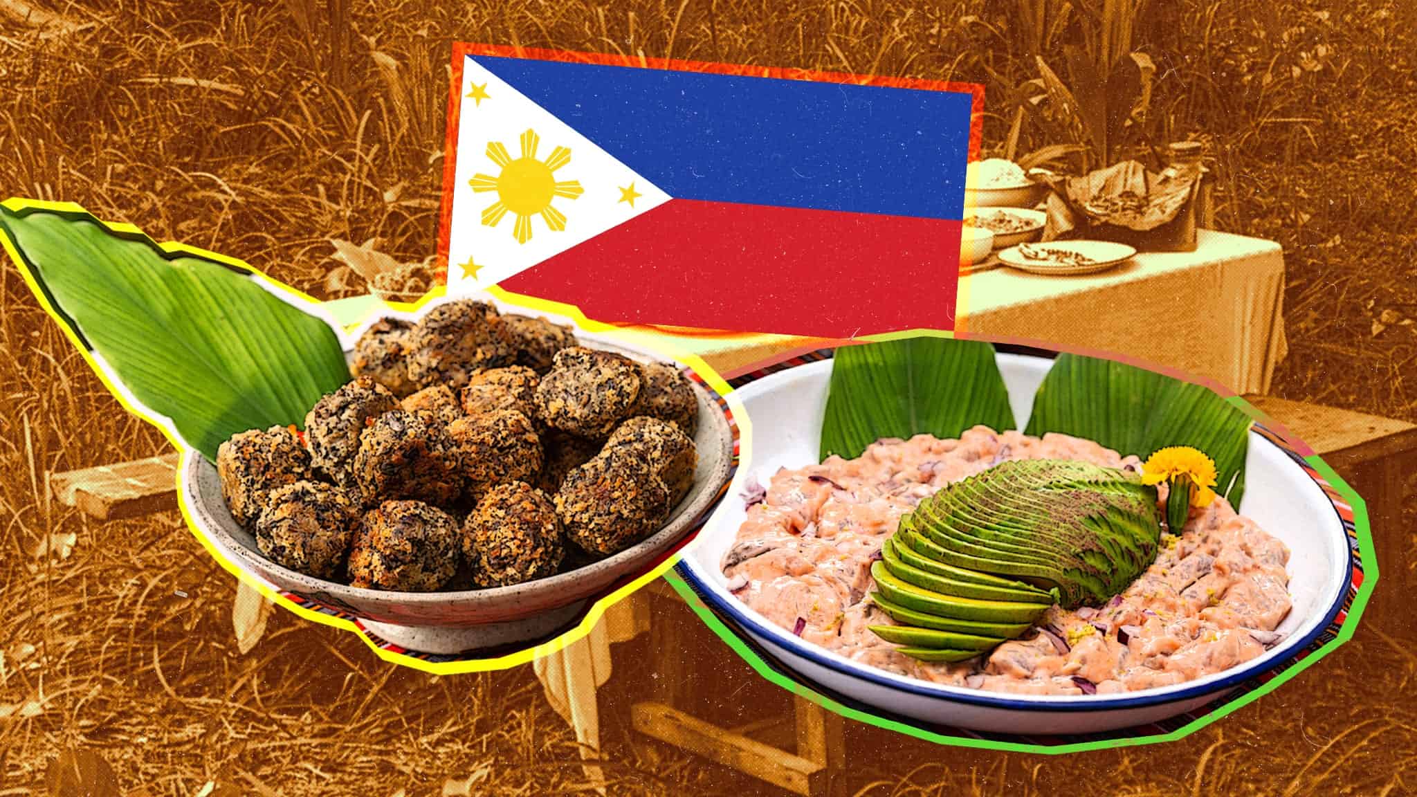A table with traditional Filipino dishes, including a bowl of dark-coated meatballs and a dish of sliced avocado over a pink salad, set in front of a Philippine flag and an outdoor picnic scene.